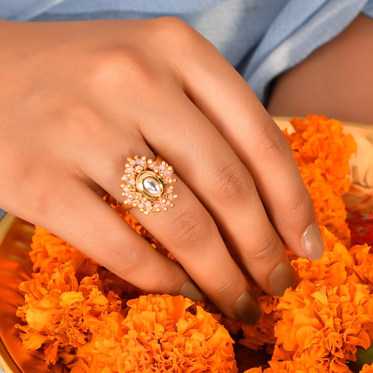 Pink Pearls Kundan Studded Ring