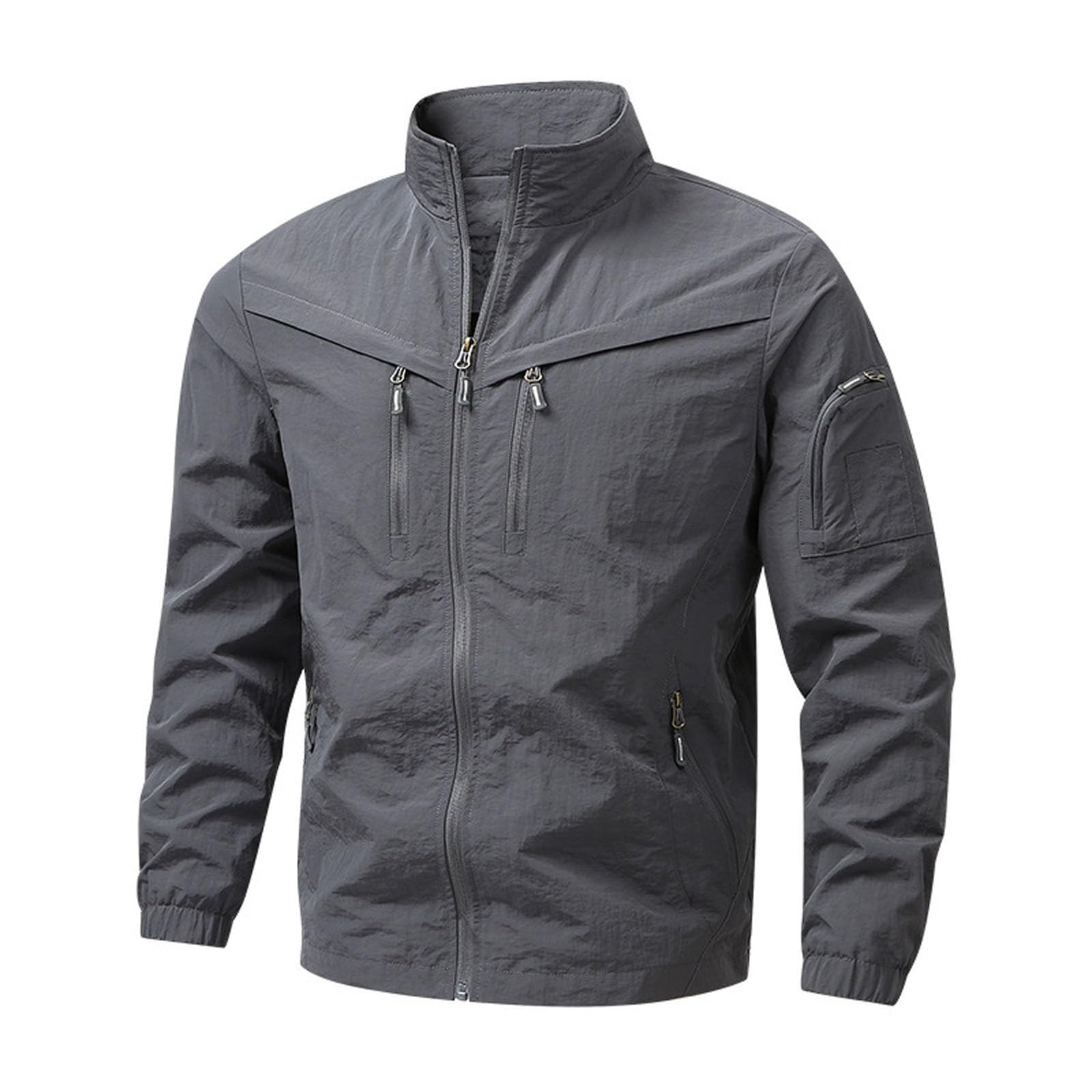 Generisch Giacca funzionale da uomo, con chiusura lampo, giacca da trekking, traspirante, leggera, softshell con colletto alto, con molte tasche, tinta unita, da lavoro