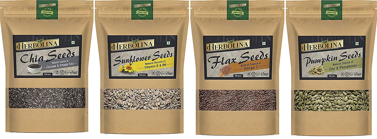 Herbolina Seeds Pack of 1 Kg(Combo of Chia Seeds, Sunflower Seeds, Flax Seeds, Pumpkin Seeds) Each 250g