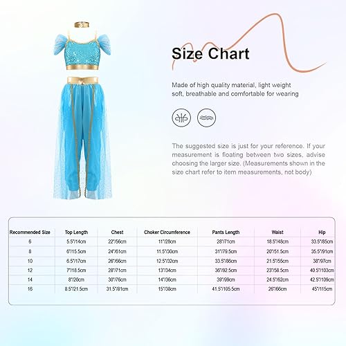 Miniatura 7 de Agoky Disfraz de princesa árabe para niñas, disfraz de Halloween con lentejuelas, vestido de danza del vientre, jazmines, cosplay, disfraz, 3 piezas