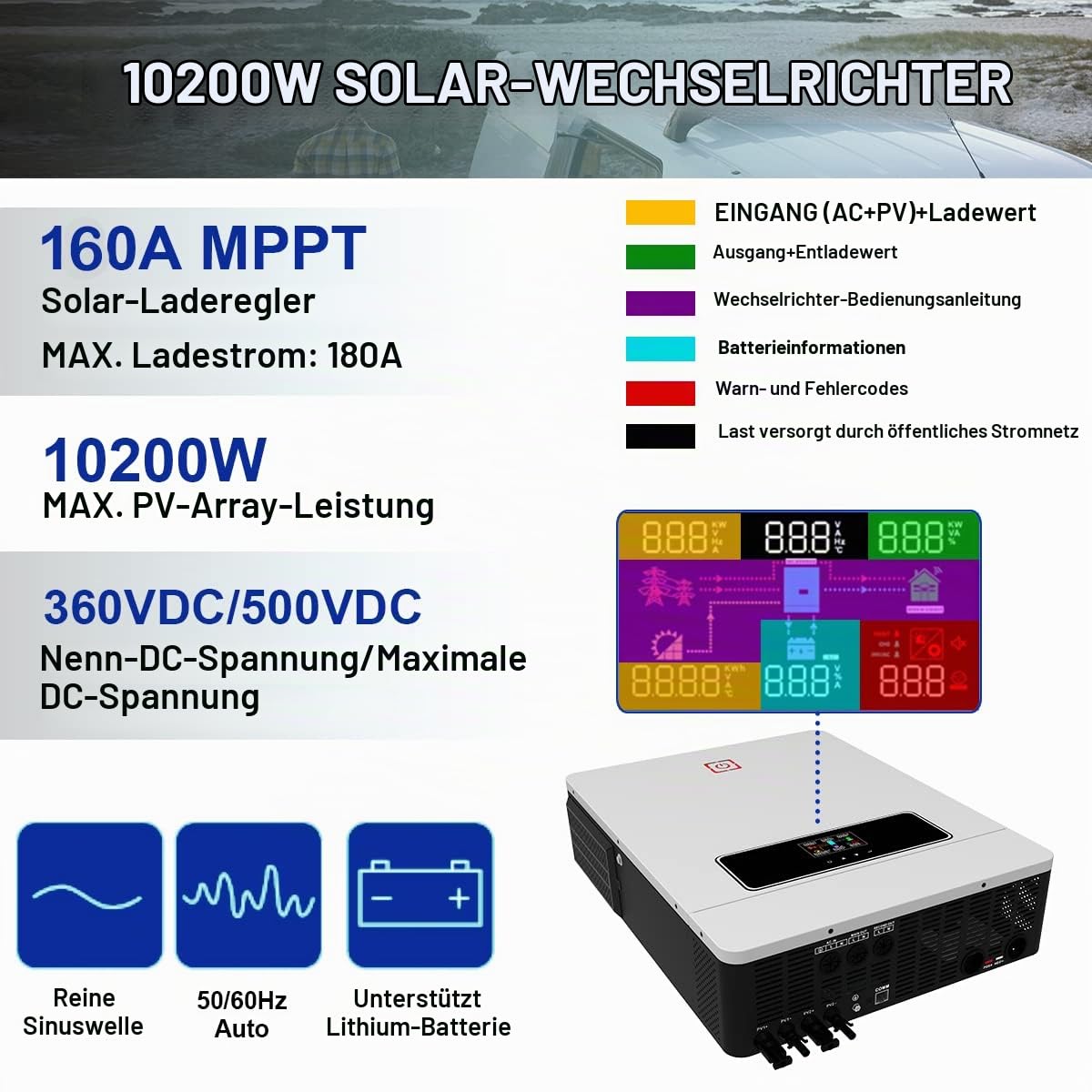 10.2KW On/Off Grid Solar Hybrid Inverter Eingebauter 160A Laderegler PV Max 500V Eingang DC48V zu AC230V Reiner Sinus Welle Inverter für Home Energy Storage RV Schuppen Off-Grid System