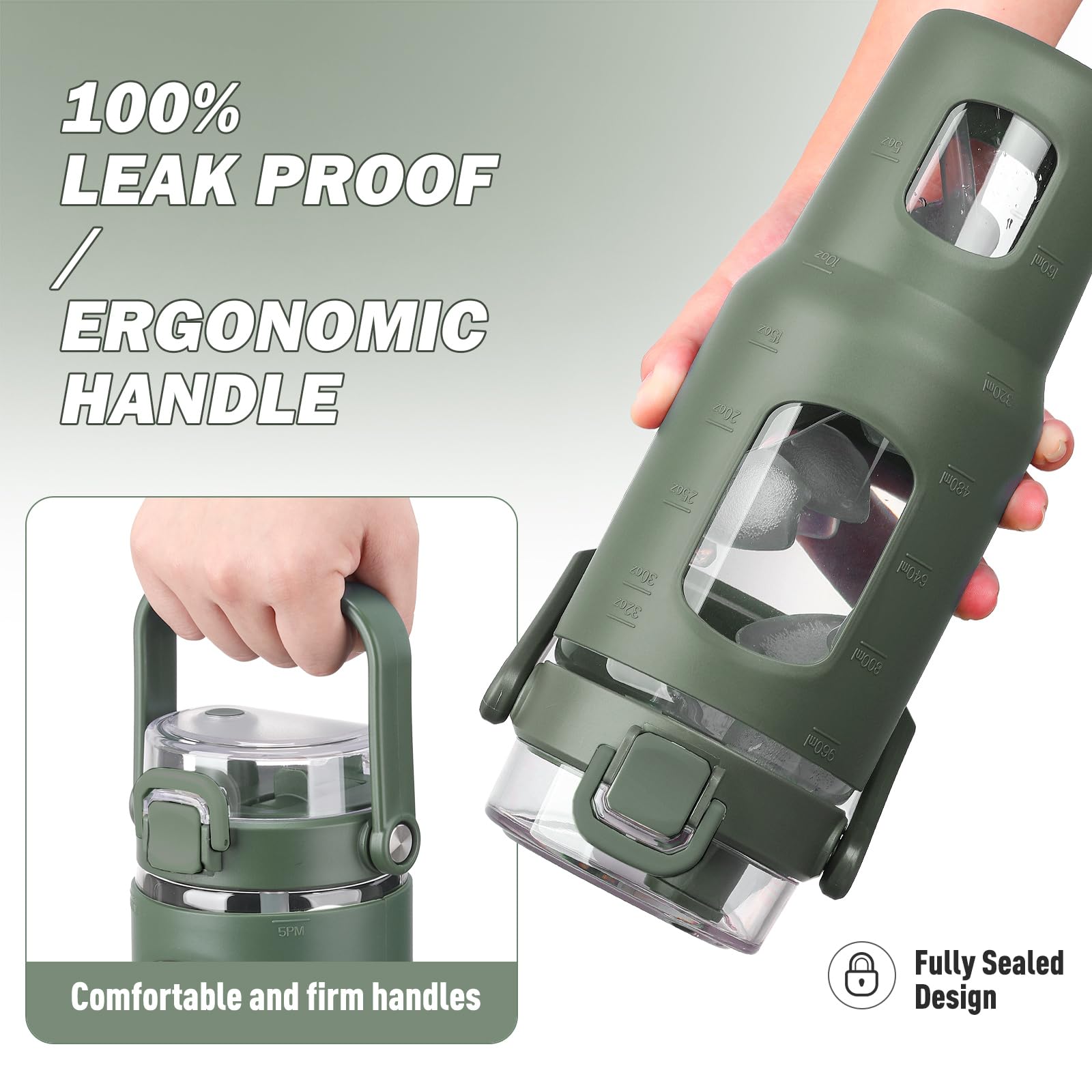 BLUEGO 960ml Bottiglie d'acqua in vetro con cannuccia e indicatore del tempo Bottiglia d'acqua sportiva grande con custodia in silicone 0,96 litri Brocca d'acqua in vetro per palestra, Oliva 00,96