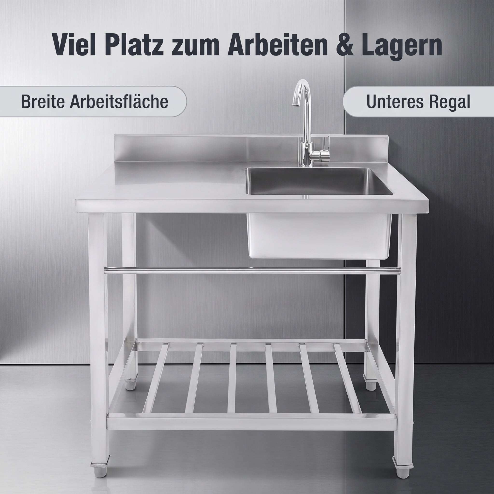 Freistehende Küchenspüle Edelstahl Spülbecken, Multifunktions Spüle mit Wasserhahn mit Kalt und Warmwasserschläuchen, 80×55×92 cm Gewerbliche Spülbecken, Tragfähigkeit 99.8 kg für Außen, Lnnen, Küche,