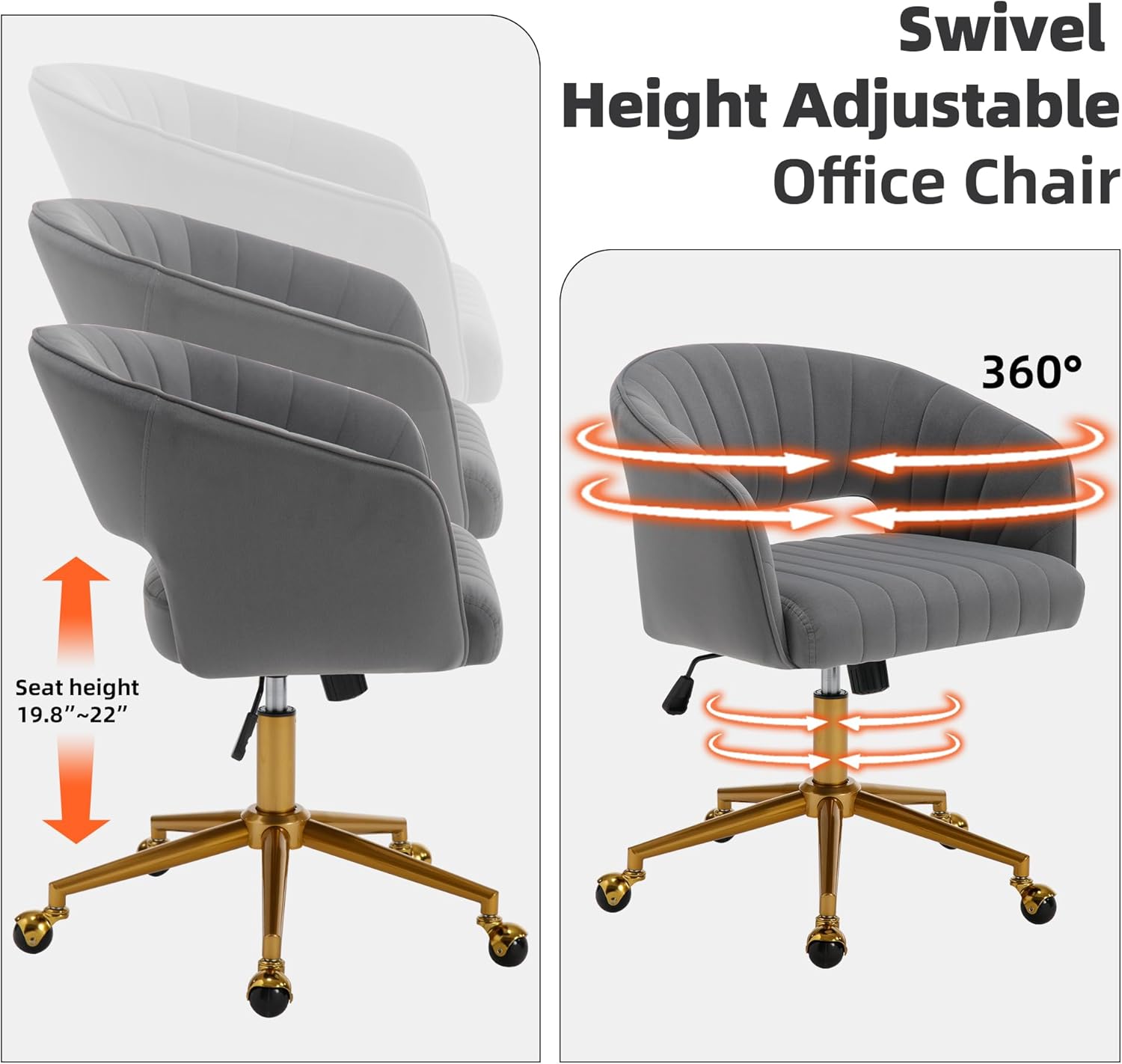Westice Home Office Desk Chairs Velvet Rolling Chair Height Adjustable Swivel Vanity Chair Ergonomic Chair for Study Grey