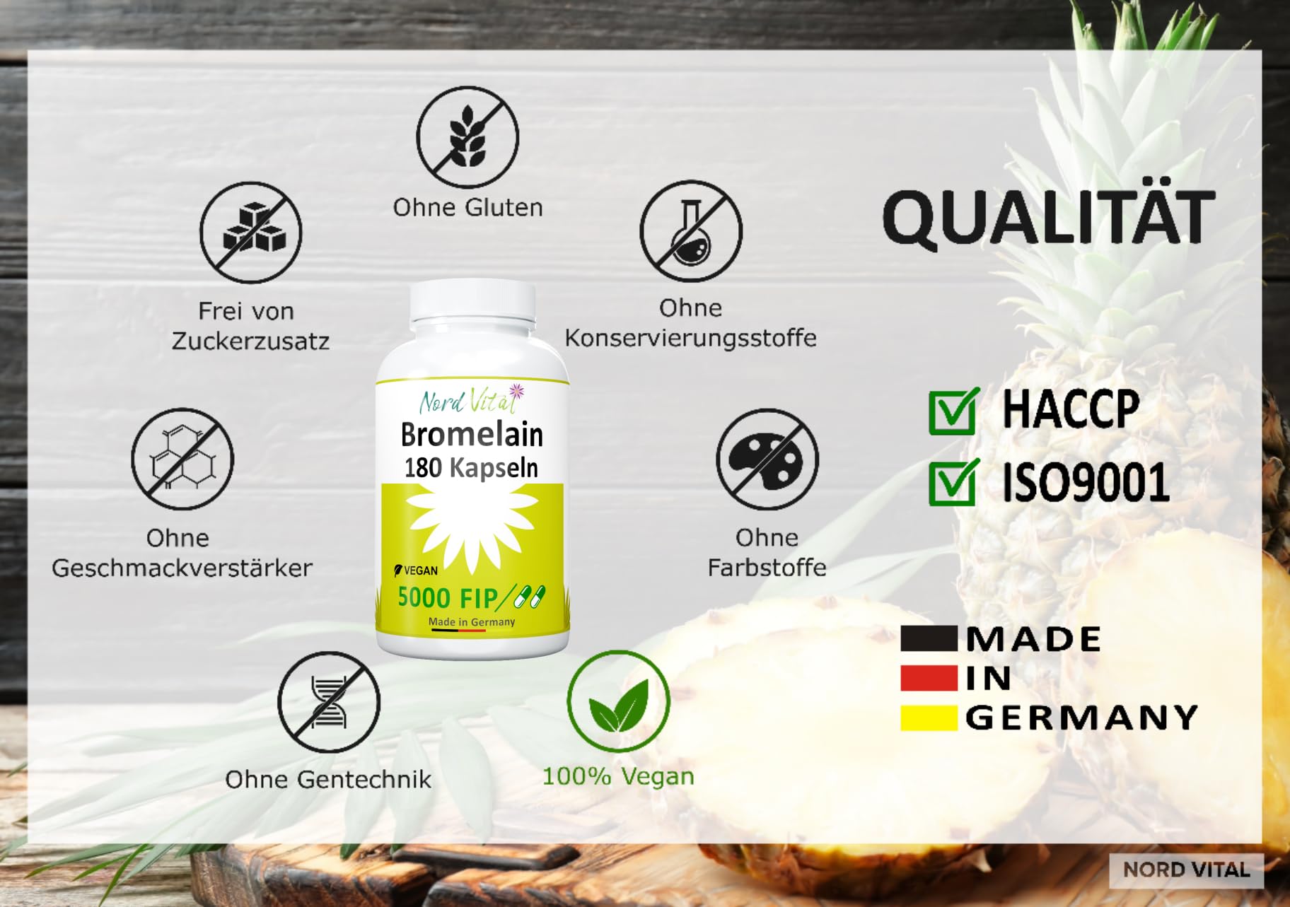Bromelain Hochdosiert Kapseln - 180 Tabletten - 1000 mg pro Tagesdosis - Natürliches Ananas enzym Extrakt - vegan | Nord Vital - in Deutschland hergestellt (Packung mit 2)
