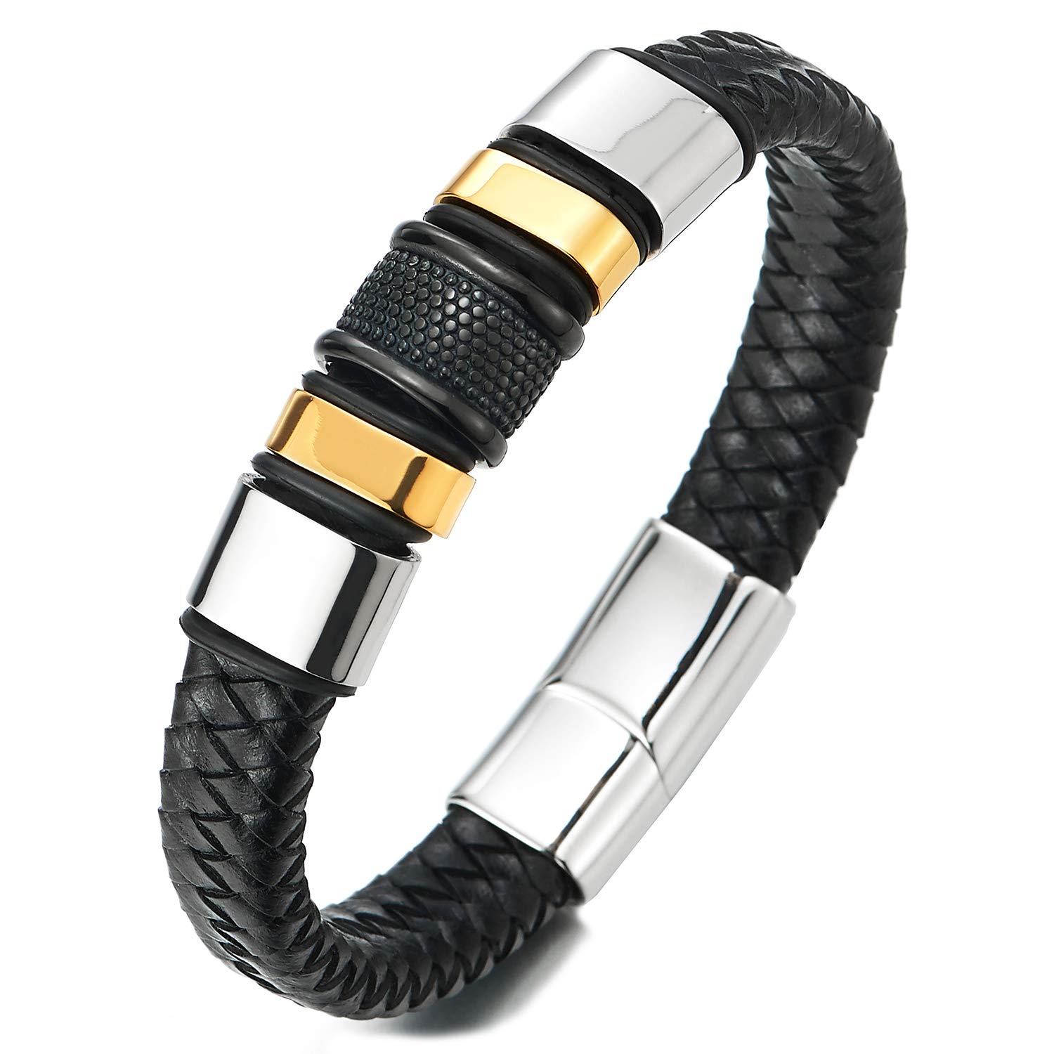 COOLSTEELANDBEYONDHombre Negro Cuero Trenzado Pulsera, Plata Oro Negro Encantos de Acero