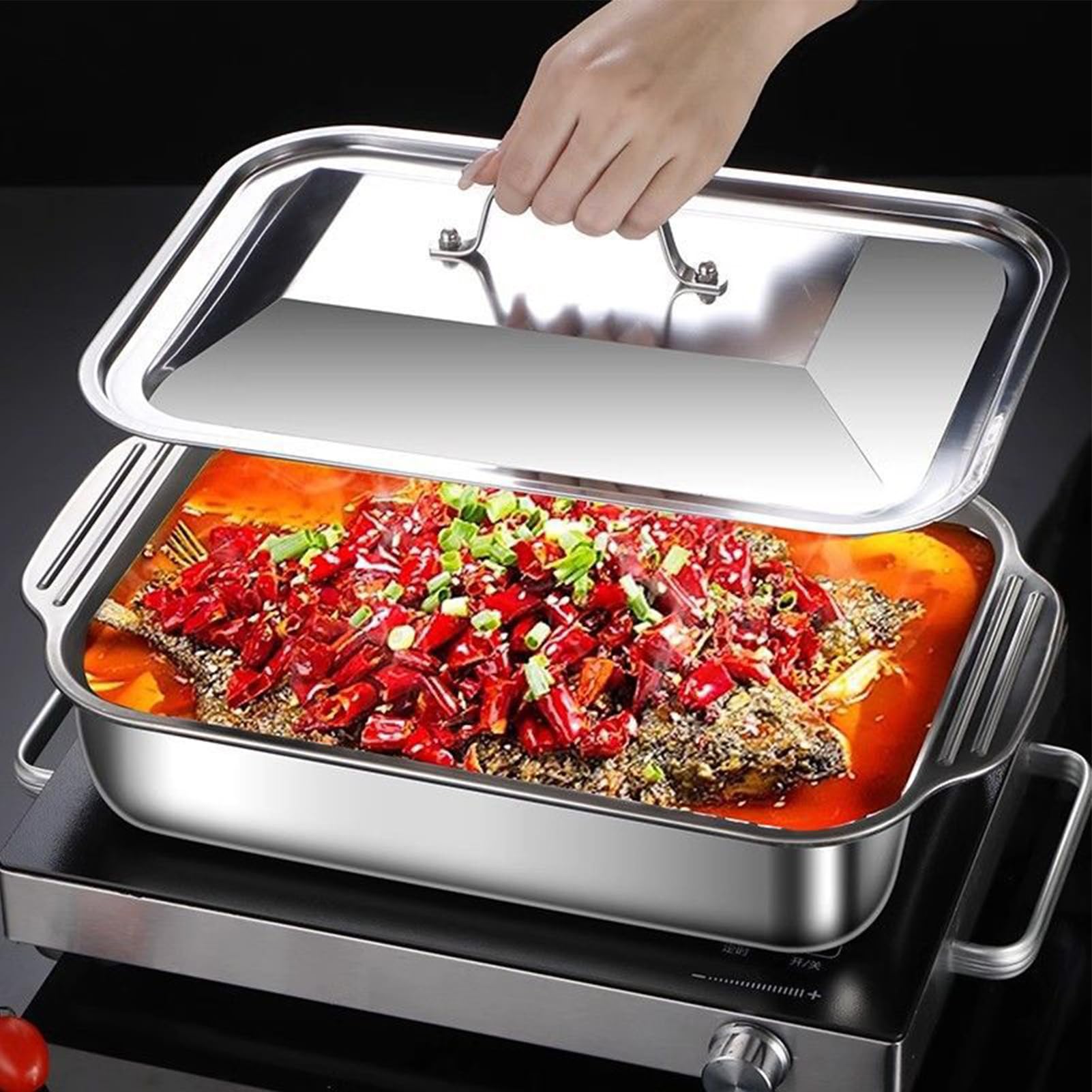 Générique de Four en Acier Inoxydable,Moule De Four Avec Couvercle Et Poignée,Matériel Étanche Pour La Cuisson | pour la Cuisson de Gâteau Pizza au et pour Cuisine Maison Fête