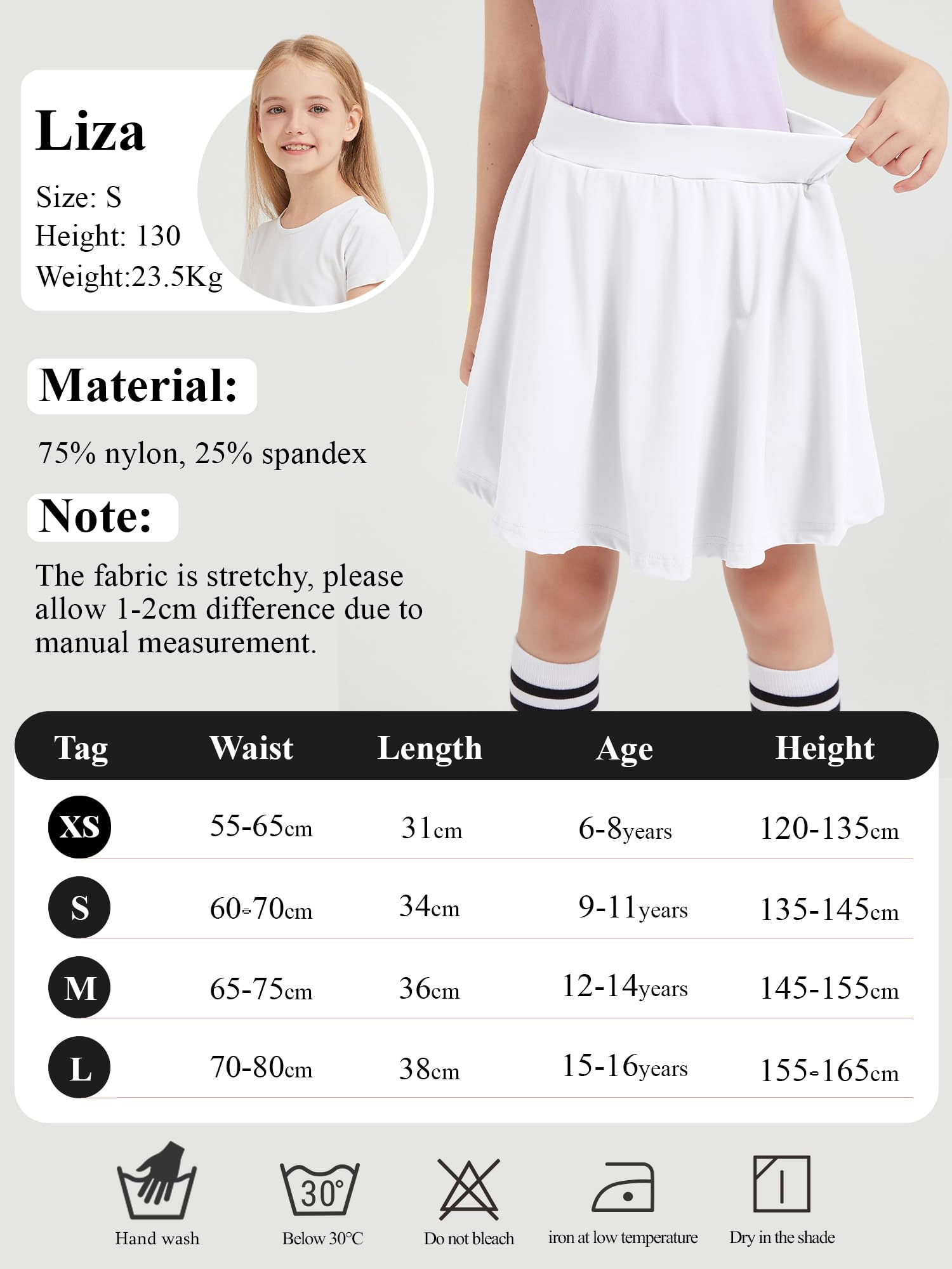 Falda para niñas Falda de Tenis para niños con Pantalones Cortos Cintura elástica Una línea Falda Escolar elástica