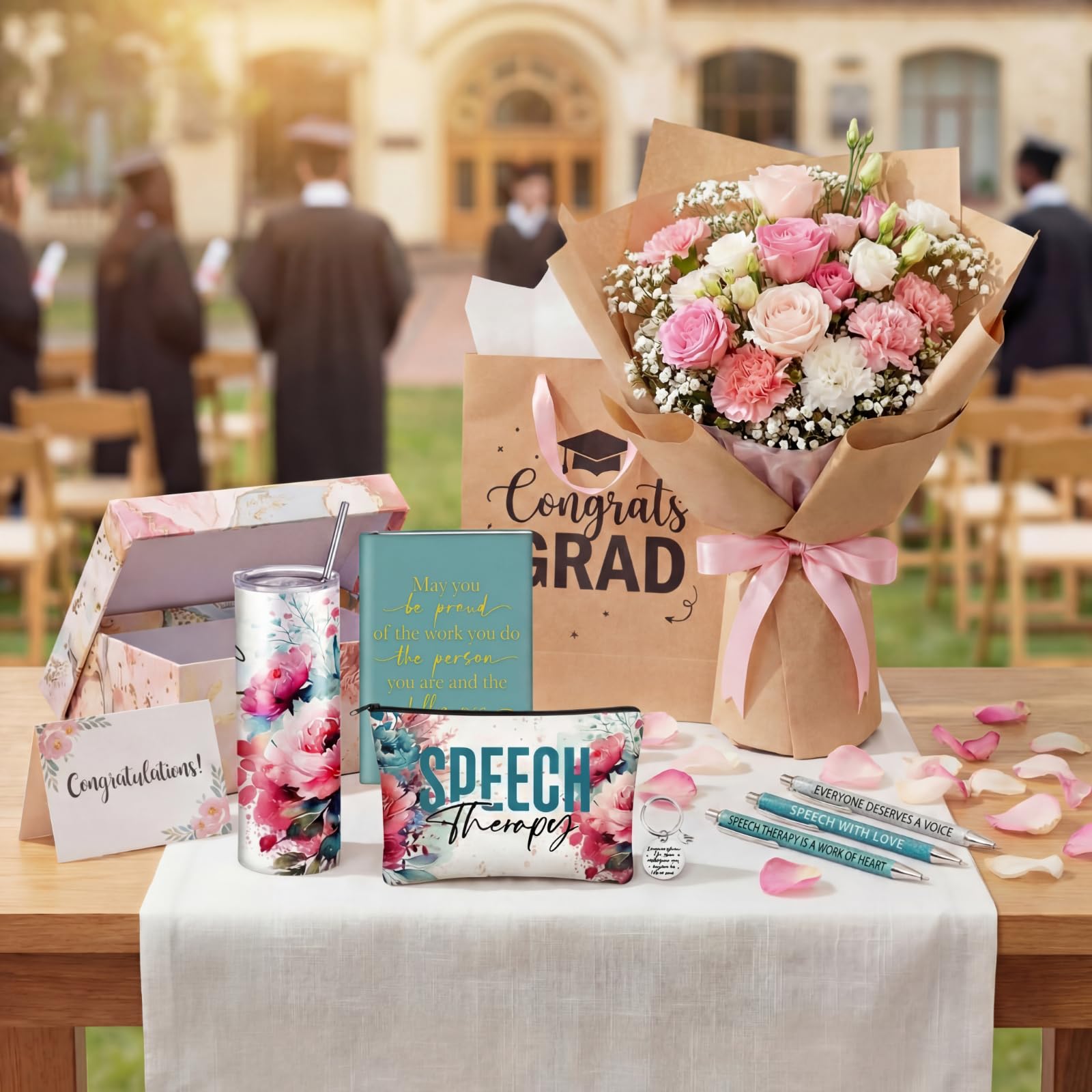 Patelai 7 Pcs Speech Therapy Gifts for Women Teachers Day Language Pathologist Gifts Set for Slp Assistant Therapist Pathologist Include Notebook Tumbler Makeup Bag Pen Essentials(Pink Floral)