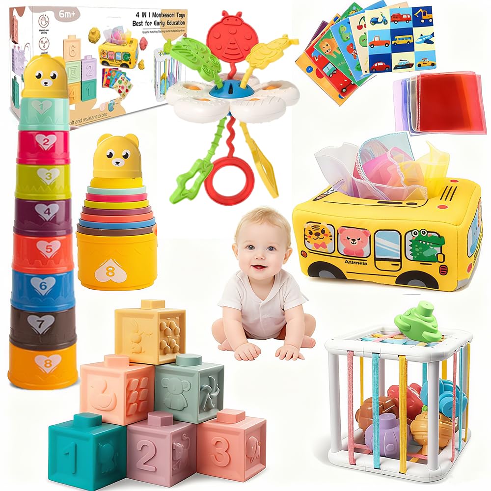 Etyat Baby Toys 6-12 Months, Montessori Toys for 1 Year Old, Silicone Pull String Teether Toy, Stacking Building Blocks Infant Toddler Toy 0-3, Shape
