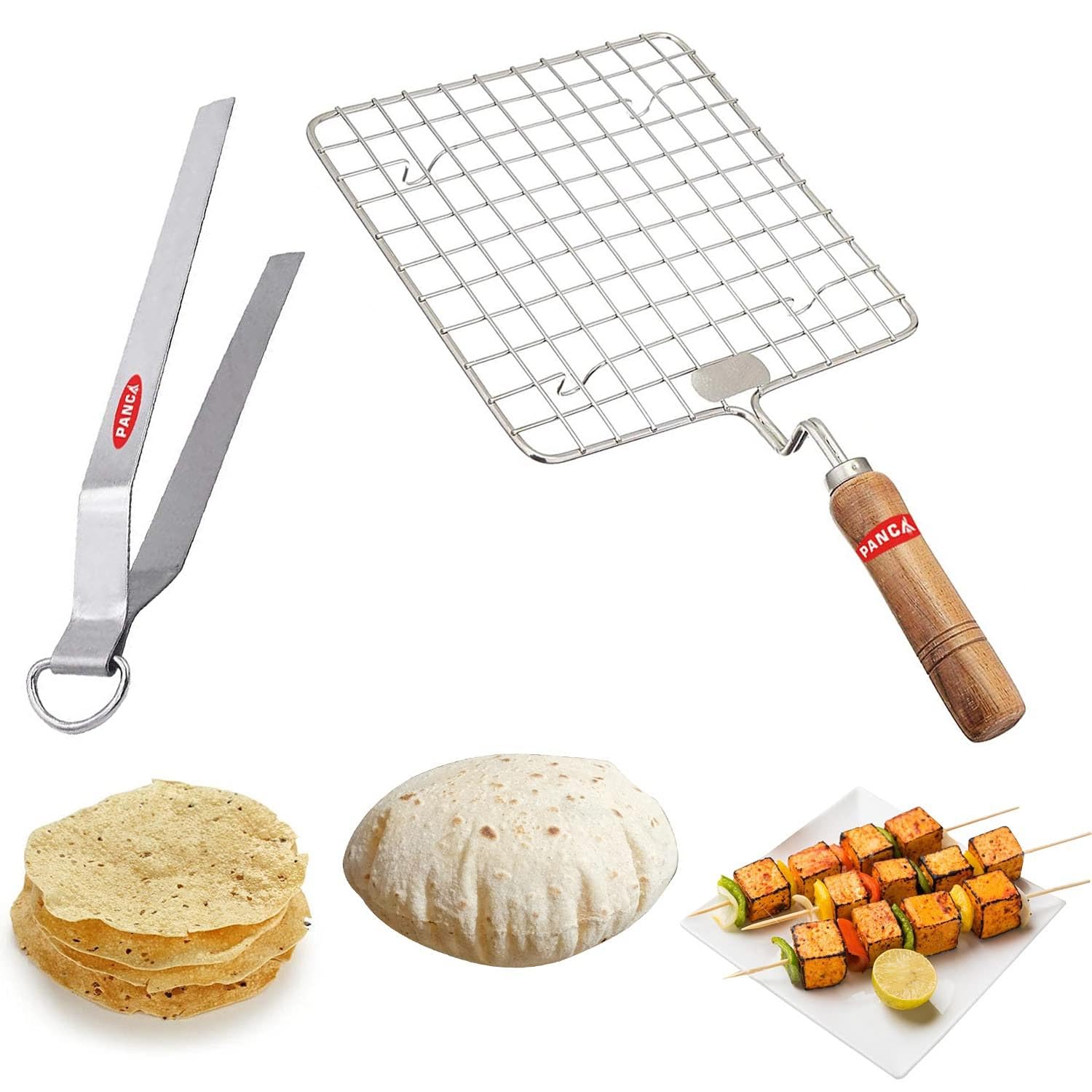 PANCA Premium Stainless Steel Papad Jali with Tong, Wooden Handle- silver