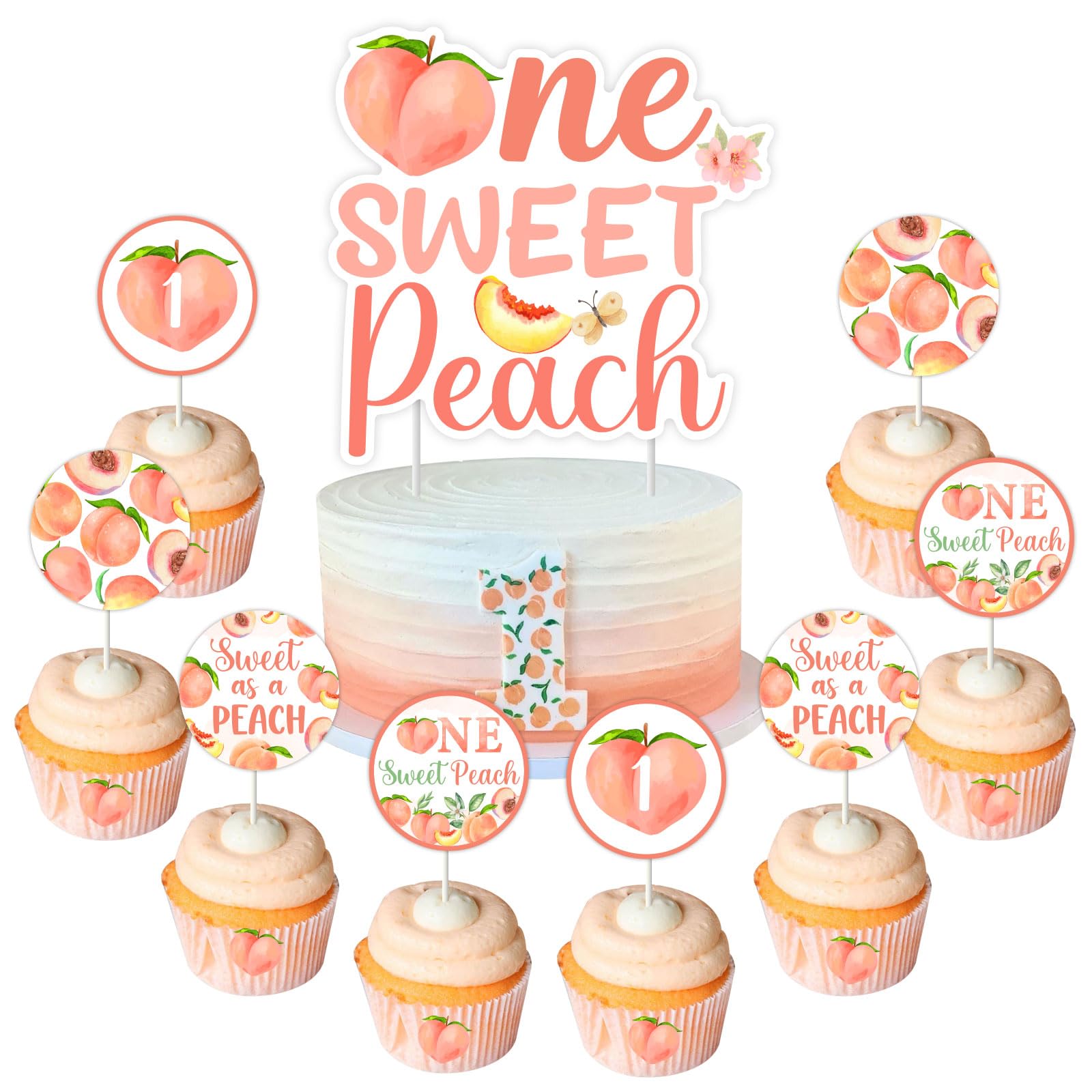 Sursurprise Peach 1st Birthday Decorations, One Sweet Peach Cake Topper Cupcake Toppers for Girls First Birthday Party Supplies