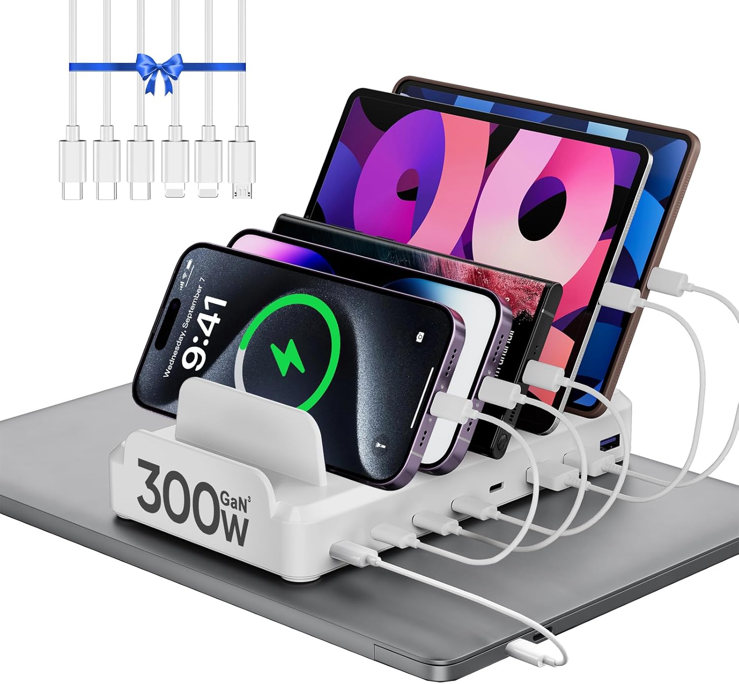300W Charging Station for Multiple Devices, 8 Port Multi USB C Fast Charger Station Dock for MacBook iPhone 16/15/14/13/12 Samsung Pixel Series iPad, Black (6 Mixed Short Cables Included)