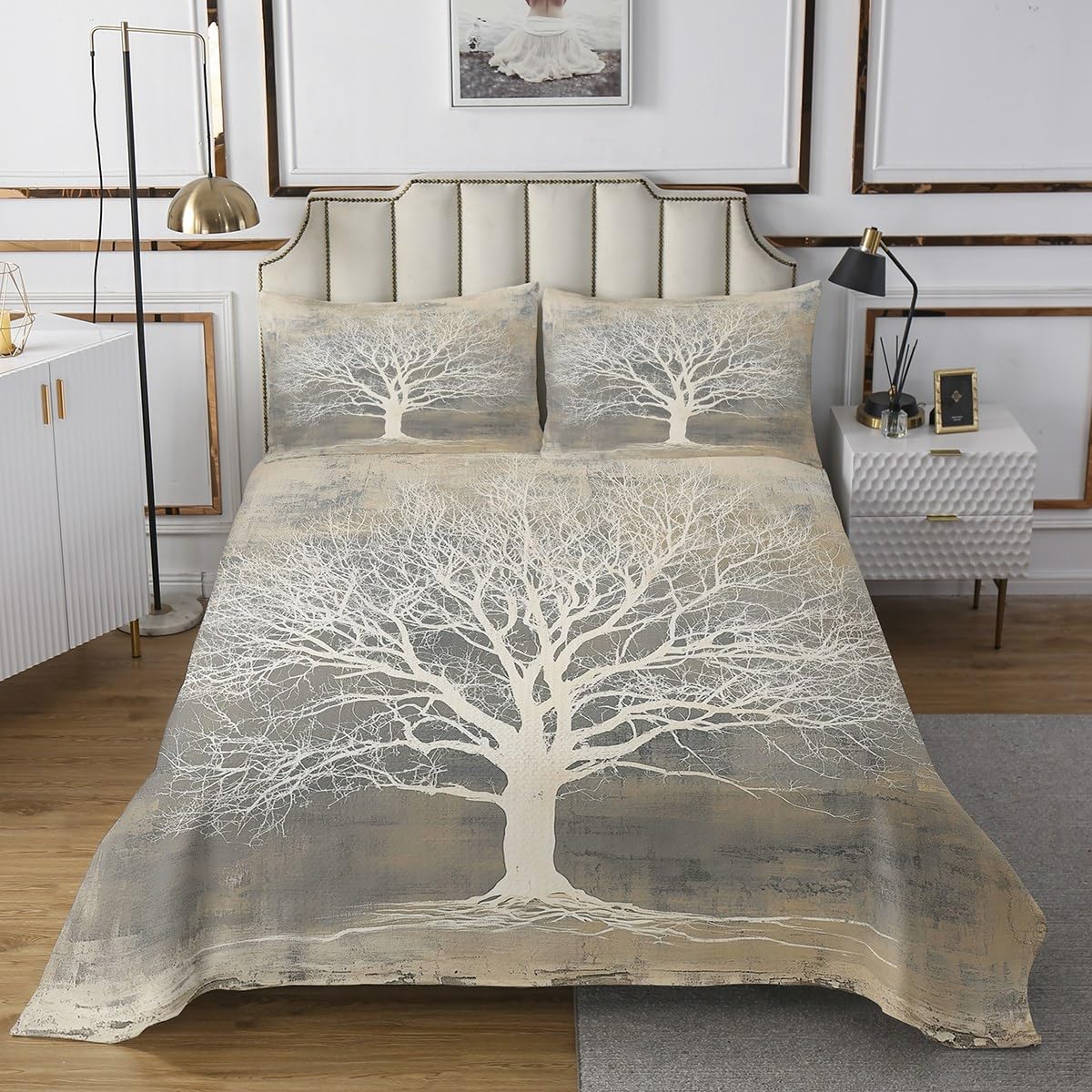 Tree of Abstract Life Kids Bedspread Twin Size,Botanical Plant Nature Boho Coverlet Set,Girls Boys Room Decor,Bohemia Tribal Trippy Magical Quilted Coverlet,Retro Bedding Quilt,1 Pillowcase