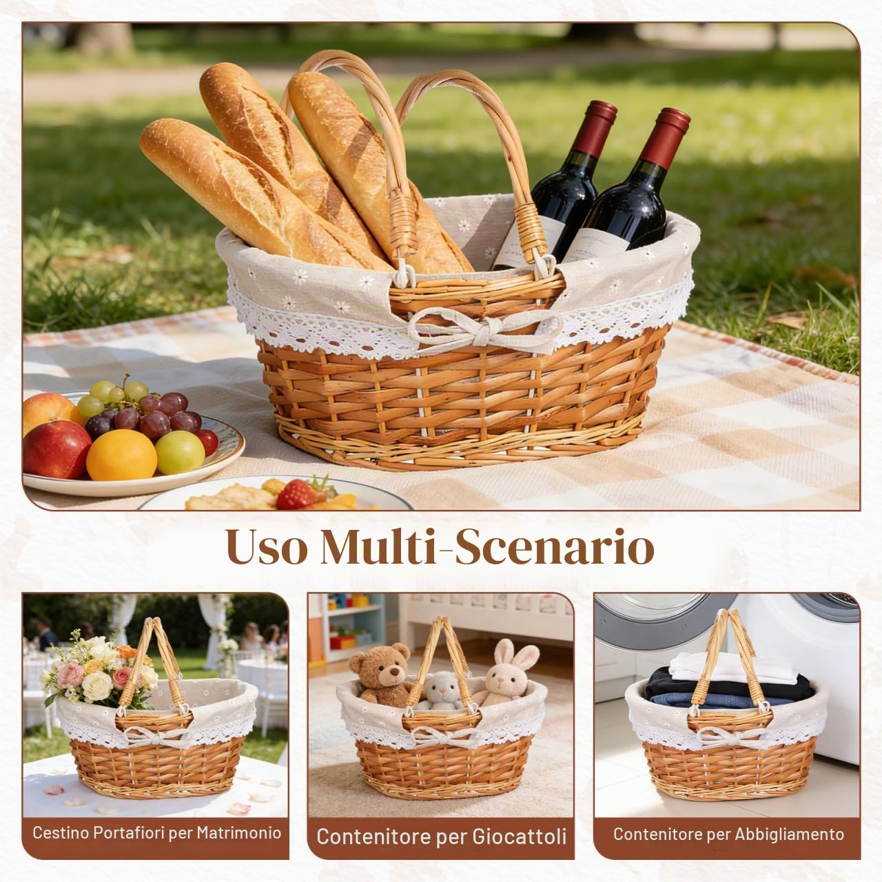 Abaodam Cestino di Vimini con Manico - Cestino da Picnic Intrecciato Cestini Portaoggetti Intrecciati in Salice - Cestini Portafiori in Vimini per Riporre Picnic Pasquali Decorazioni per
