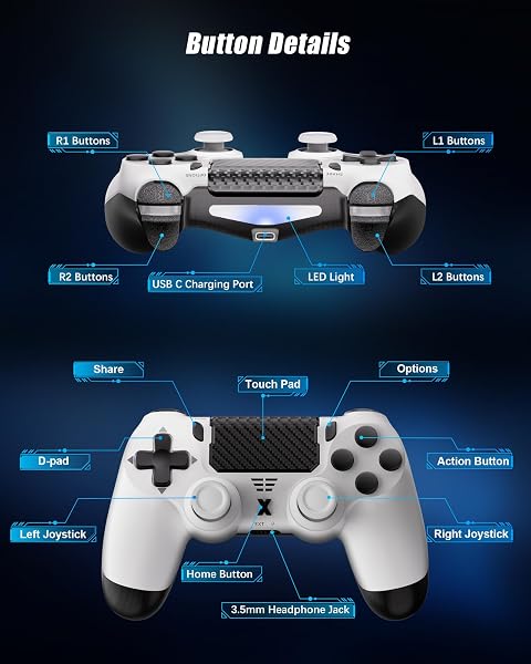 RUIZHI Sans Fil Manettepour P-S4 - Contrôleur pour Playstation-4 compatible avec PS-4/Pro/Slim/PC, Gamepad avec Double Vibration/6 Axes Gyroscope/Pavé Tactile/Bouton Retour [1 Pack, Blanc] - 3