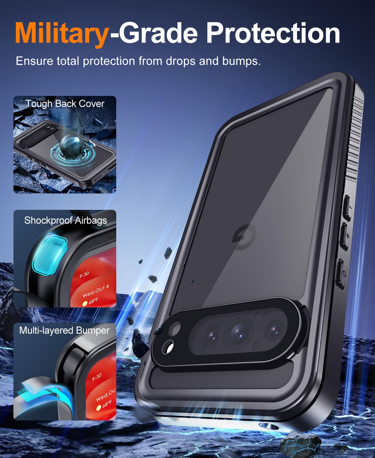 Beeasy Funda para Google Pixel 9 Pro Impermeable,360 Grados Antigolpes Militar Irrompible Resistente Acuatica Carcasa,IP68 Waterproof Case con Protector Camara/Pantalla para Pixel 9 Pro