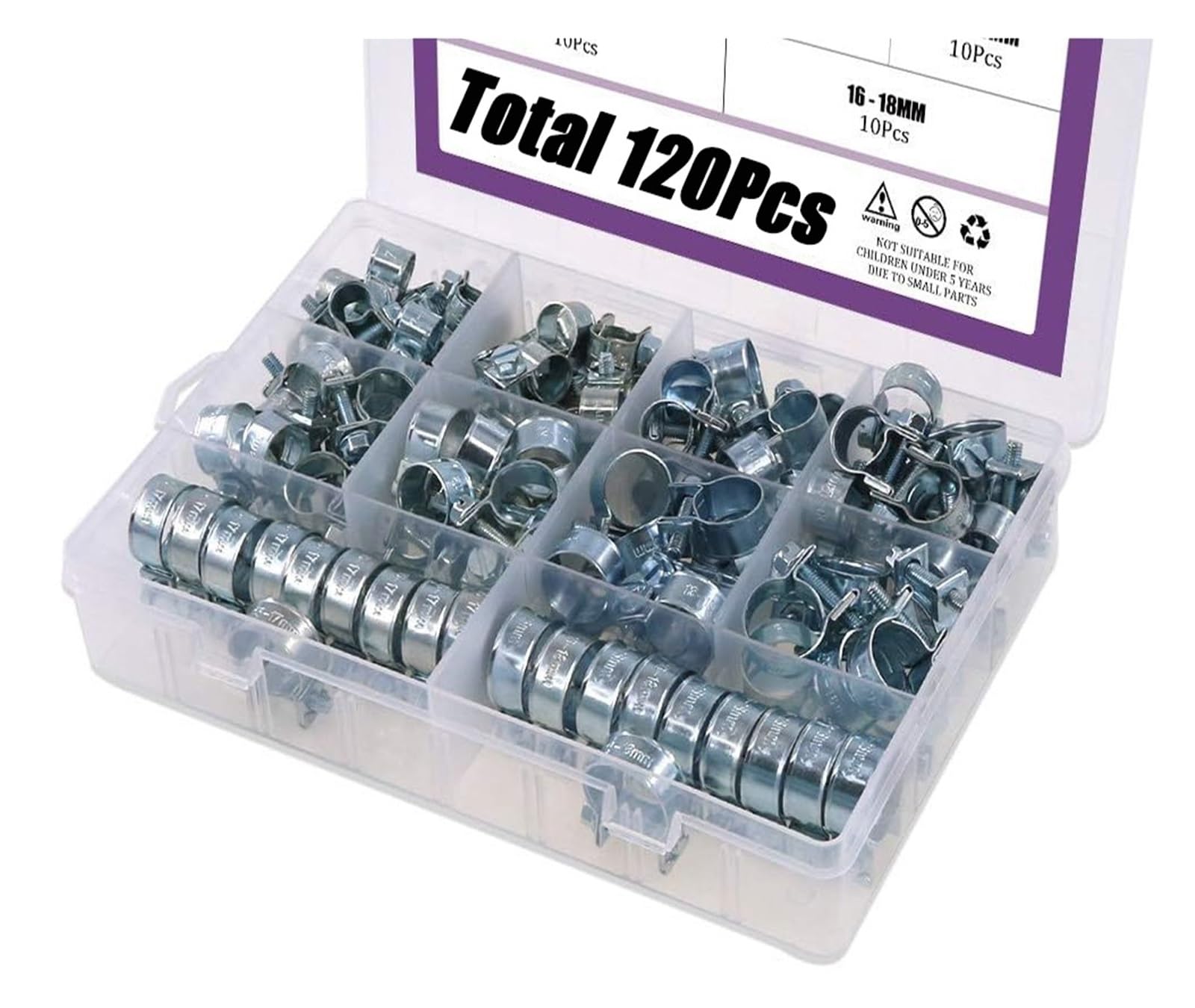 Kit surtido de 120 abrazaderas de manguera de acero al carbono galvanizado de 7 mm a 18 mm (10 tamaños) for tubería de gasolina.