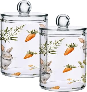 Apothecary Jars Bathroom Storage Organizer with Lid - 14 oz Qtip Holder Storage Canister, Rabbit Carrot Clear Plastic Jar for Cotton Swab, Cotton Ball, 2PCS