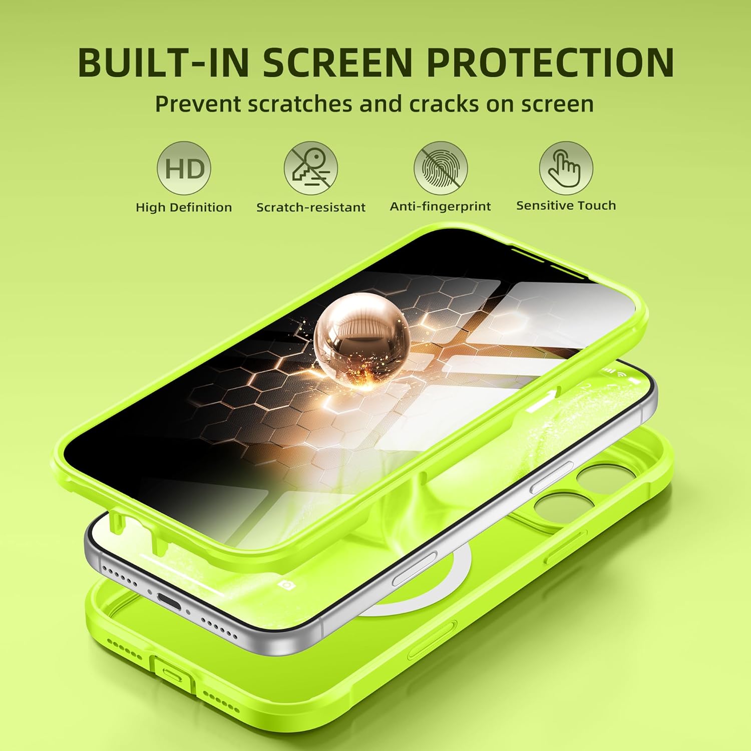 BERFY for iPhone 17 Pro Case, Compatible with MagSafe, Built-in Privacy Screen Protector and Camera Protection, Anti-Spy Full Body Shockproof Translucent Matte Phone Case for 17 Pro 6.3", Bright Green - Image 5
