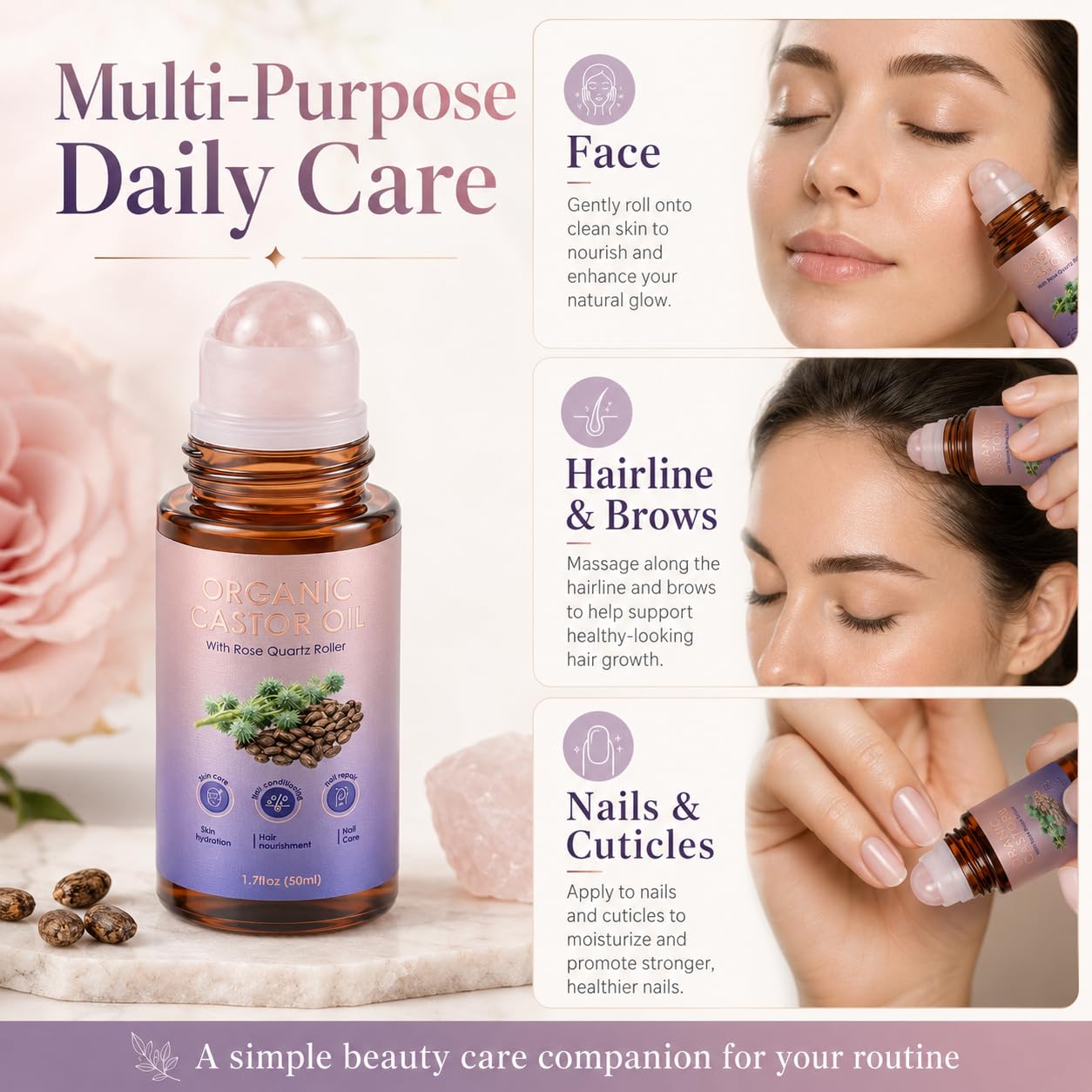 Castor Oil Rose Quartz Roller Ball, Organic Cold Pressed Castor Oil for Brows, Lashes & Face, Natural Plant Ingredients won'T Feel Greasy, Quartz Roller Design Prevents Oil Leakage, 1.7 Fl Oz (1.7 oz)