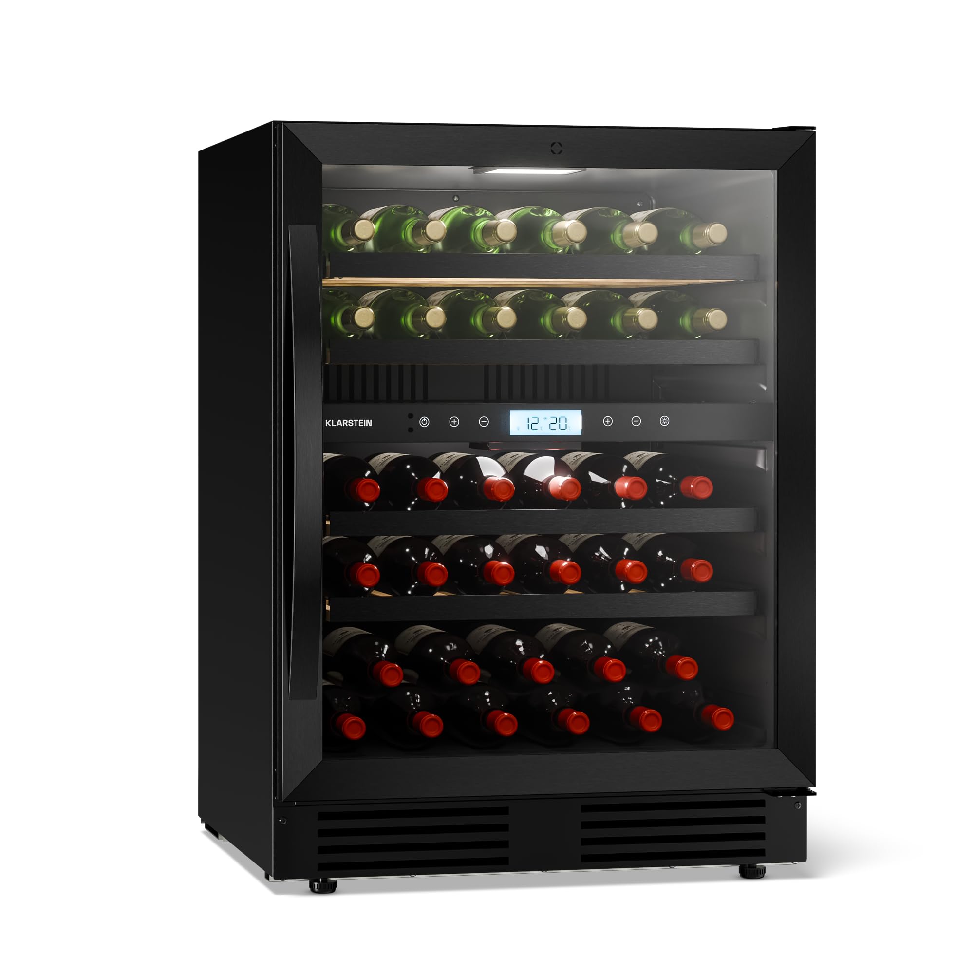 KLARSTEIN VeroSteel - Frigorifero per vino sottopiano, 43 bottiglie con doppia zona di raffreddamento, sportello in vetro anti UV, controllo