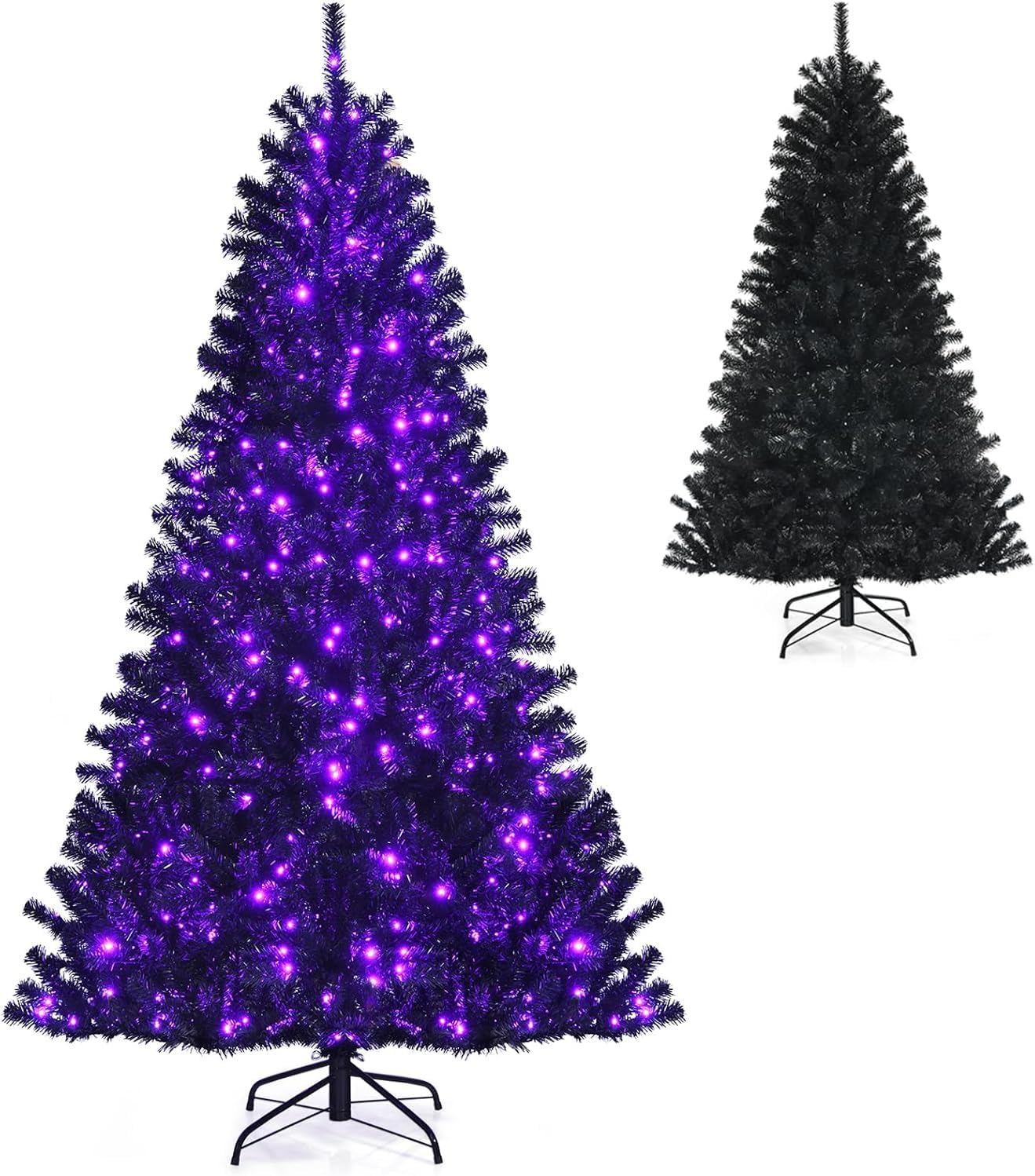 Happygrill 7ft Pre-lit Black Christmas Tree, Artificial Xmas Tree with 500 Purple LED Lights, 1096 Branch Tips & Foldable Metal Stand, Holiday Festival Decoration for Christmas Halloween