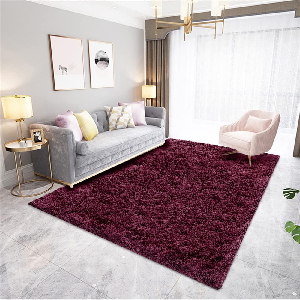 Hiseng Burgundy Extra Soft Indoor Area Rug, Modern Fluffy Long Carpet Living Room Shaggy Nursery Kids Playing Mat Bedroom Dining Room Floor Mat Home Decor (120X160cm,)