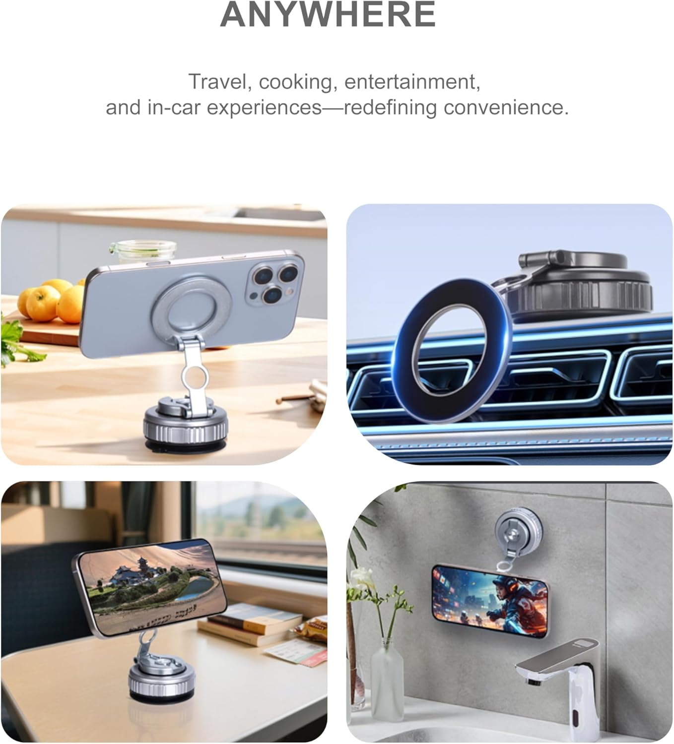 Ultra Secure Car Phone Mount - Vacuum Suction Base, Strong Magnetic Head, Foldable Zinc Alloy Holder for Dashboard/Windshield (Gray)