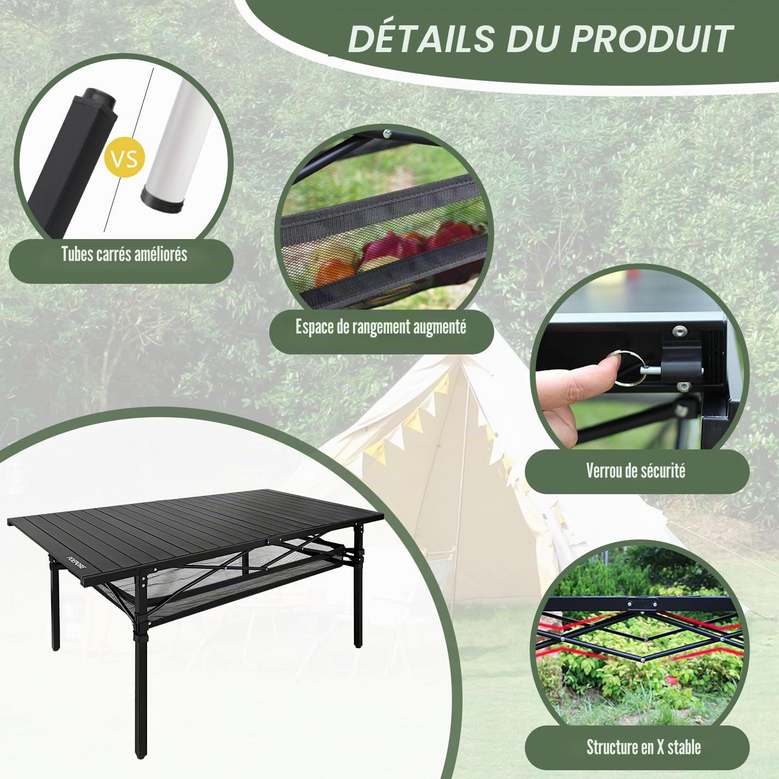Table de Camping Pliante en Aluminium pour 4-6 Personnes Table Pliante Exterieur Charge Maximale 80 kg avec Poches en Filet pour Jardin Pique-Nique Plage Terrasse 140 x 70 x 70cm Noir