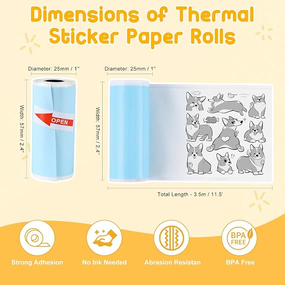 cudinham 10 Rolls Mini Thermal Printer Sticker Paper, 57x25mm (Mixed Color)