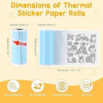 cudinham 10 Rolls Mini Thermal Printer Sticker Paper, 57x25mm (Mixed Color)