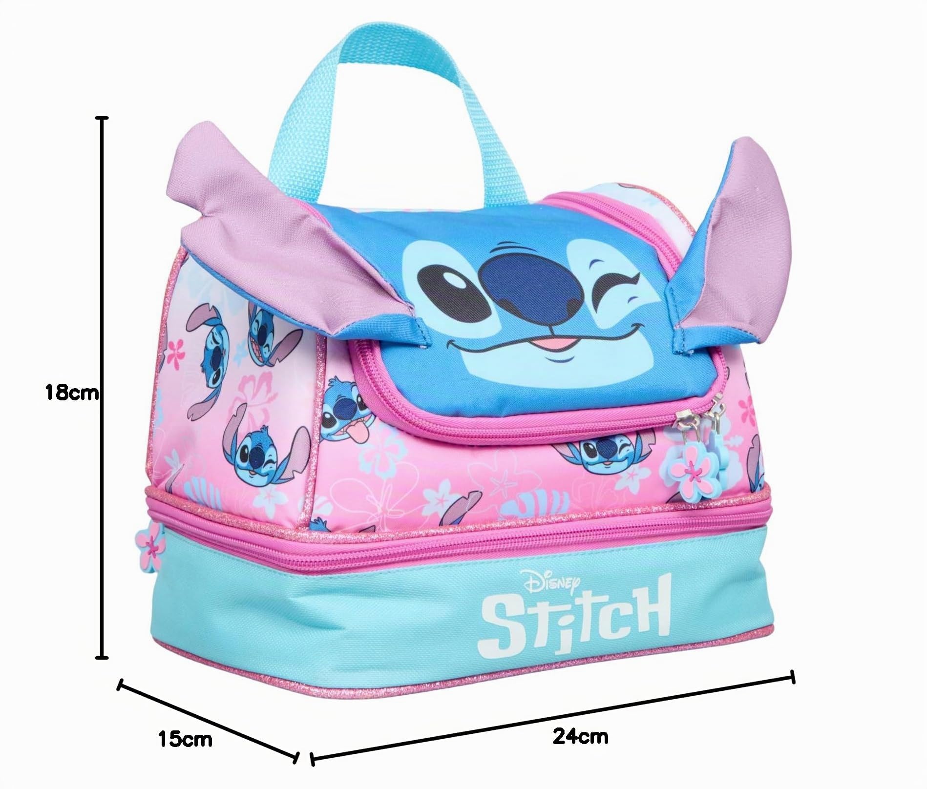 Disney Stitch Sac à déjeuner pour filles – Oreilles 3D – Boîte à déjeuner isotherme rose et bleue pour enfants – Double compartiment – Sac à goûter Lilo & Stitch