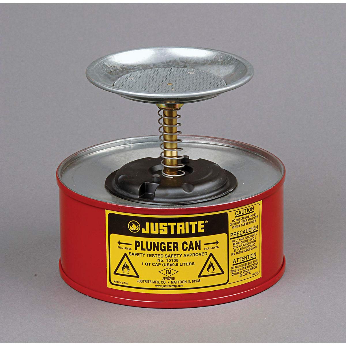Justrite - 10108 1 Quart Red Galvanized Steel Safety Plunger Can with 5" Dasher Plate and BrassRyton Plunger Assembly (for Flammables): Hazardous Storage Cans: Industrial & Scientific