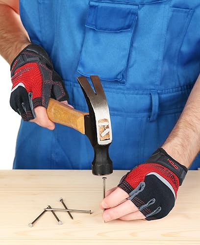 Miniatura 4 de HANDLANDY Guantes de trabajo sin dedos para hombres, guantes de trabajo con agarre de medio dedo, absorben los golpes, transpirables, Uwrist TPR