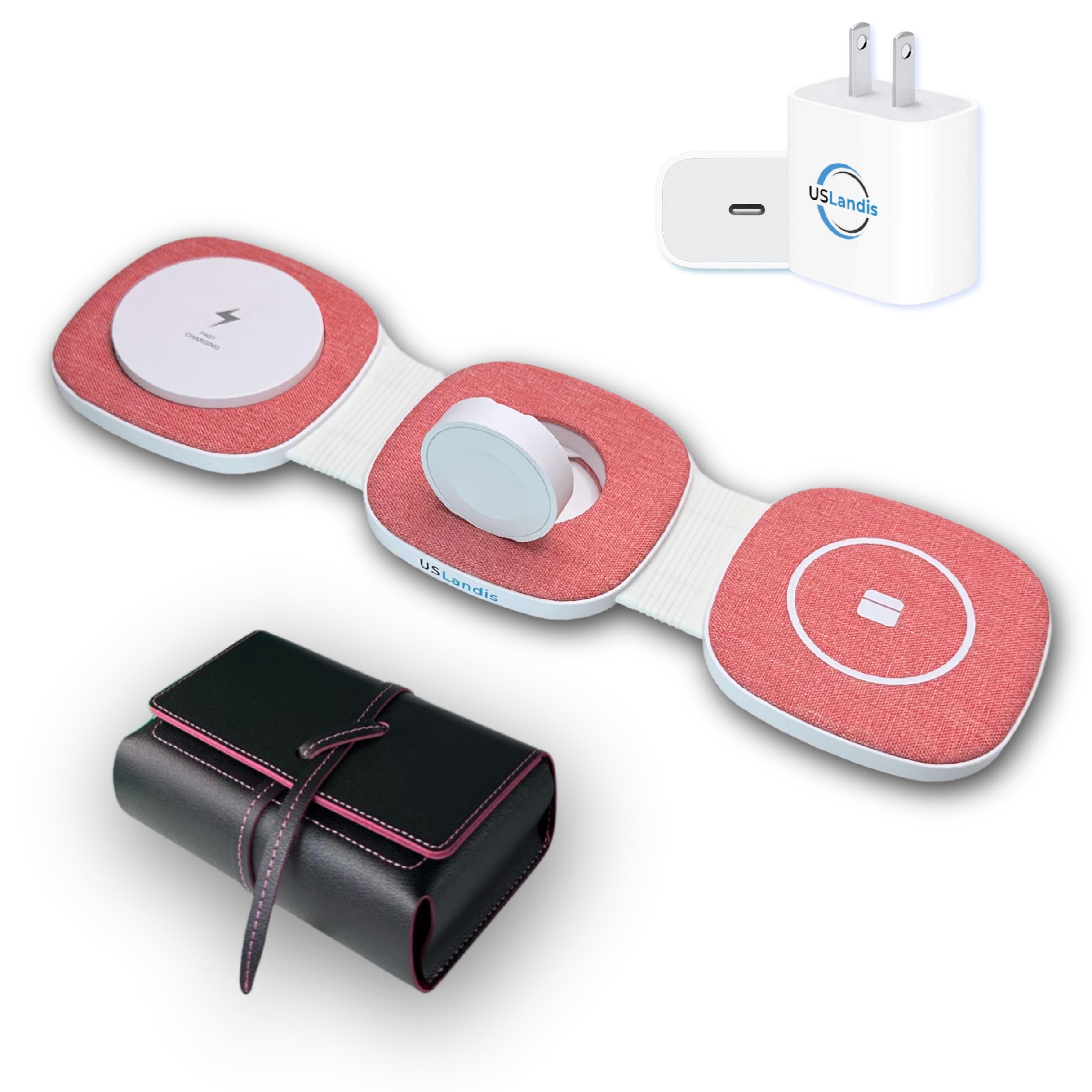 Photo 1 of 3 in 1 Wireless Fabric Foldable Charging Pad, Travel Design, Mag-Safe, for iPhone 15, 14, 13 & 12 Series, iWatch, and AirPods - Includes 20W Fast Charging Adapter & Leather Bag (Pink)