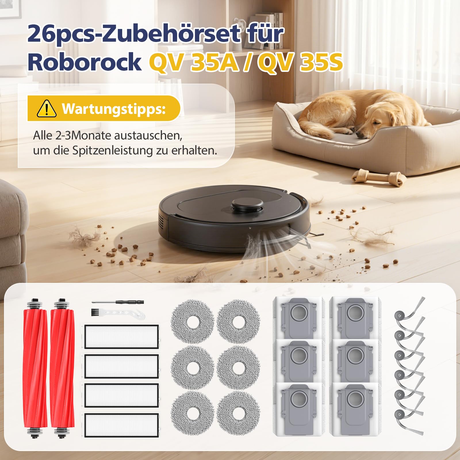 26 sztuk akcesoriów QV 35A do odkurzaczy robotów Roborock QV 35A/QV 35S / QR598 / QR798, 2 główne szczotki, 6 nakładek do nacierania, 6 worków na kurz, 4 filtry HEPA, 6 szczotek bocznych, 1 szczotka