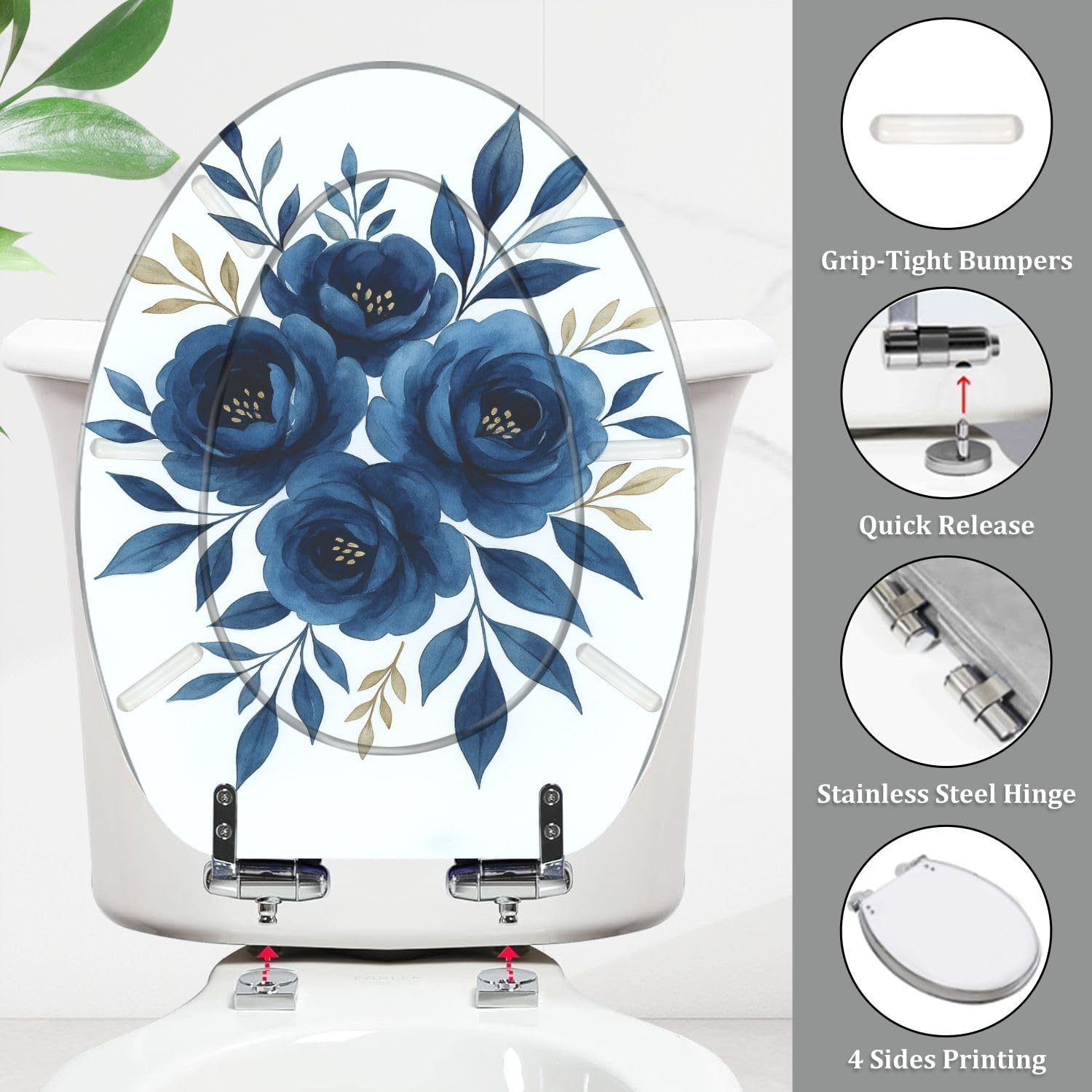 Elongated Toilet Seat Navy blue flowers watercolor floral clip art Bouquet roses perfectly Resin Toilet Seat Quietly Close Quick Release Hinges with Cover Bumpers Decorative Easy to Install Clean
