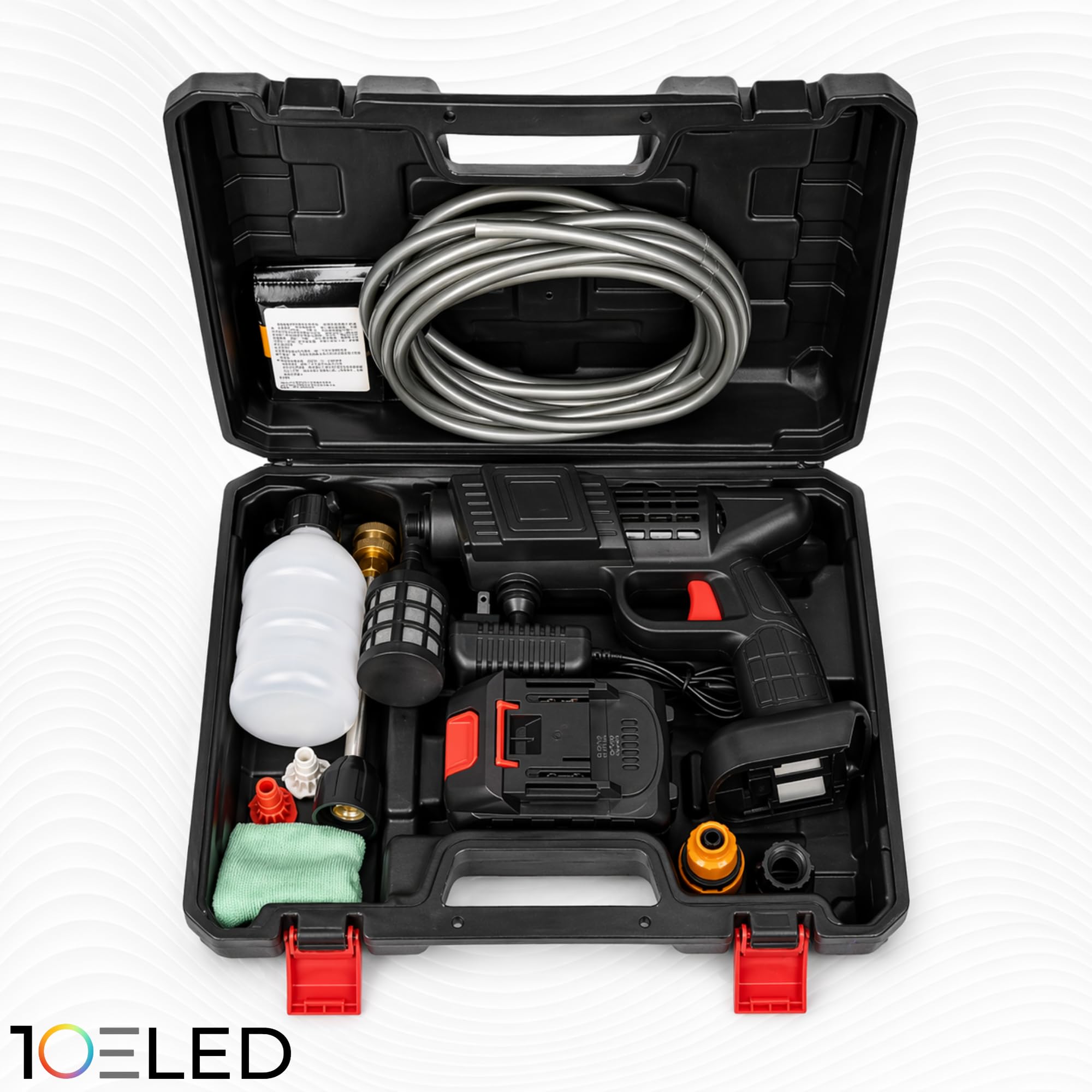 Idropulitrice a Batteria Portatile con Aspirazione da Secchio - Ugelli Multifunzione e Schiumatore - Pistola ad Alta Pressione per Auto,Bici, Giardino - Compreso di Valigetta e tutti gli Accessori