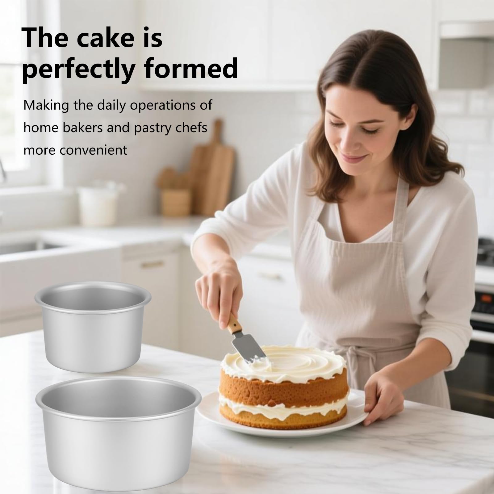 Ensemble de 3 moules à gâteau ronds extra-profonds (Ø 10/15/20 cm), moule a cake‌ professionnel en aluminium anodisé avec fond amovible, argenté