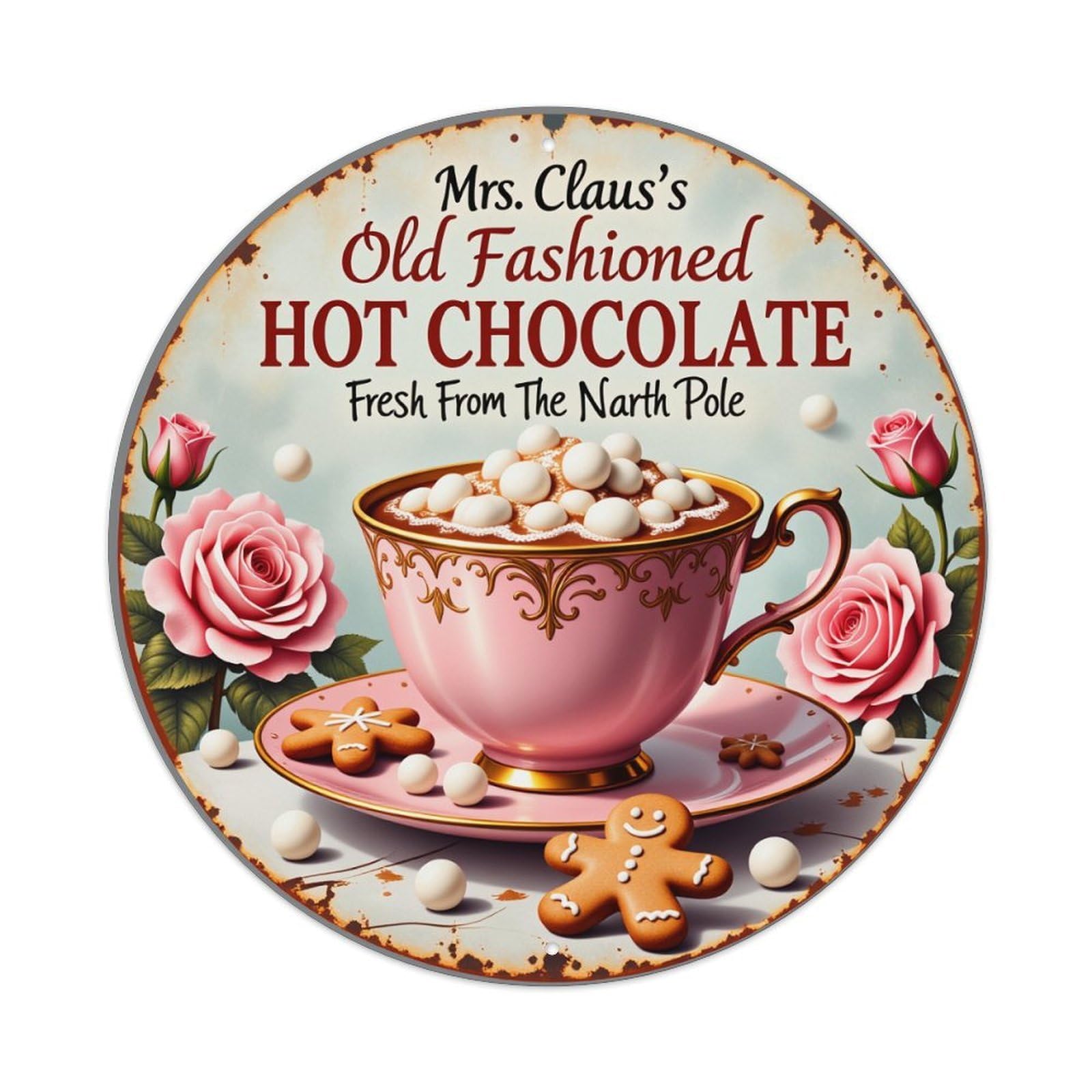 Pink Cup Roses Marshmallows Gingerbread Round Tin Sign Vintage Style Metal Sign Home Bar Garden Wall Plaque Decor Metal Poster 8x8 Inch