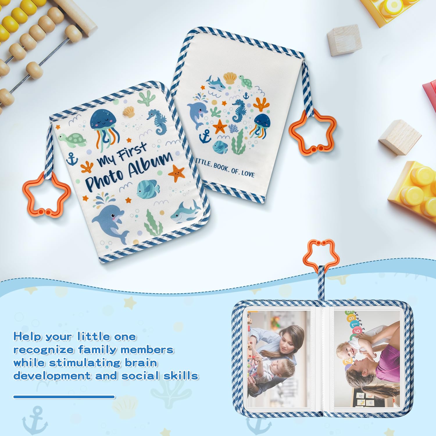 Baby's First Family Album – weiches Stoff-Fotobuch Geschenk-Set mit babysicherem Spiegel, 14 x 17 cm, für 17 Fotos, Stoff-Erinnerungsbuch für Neugeborene, Kleinkinder, Babypartys
