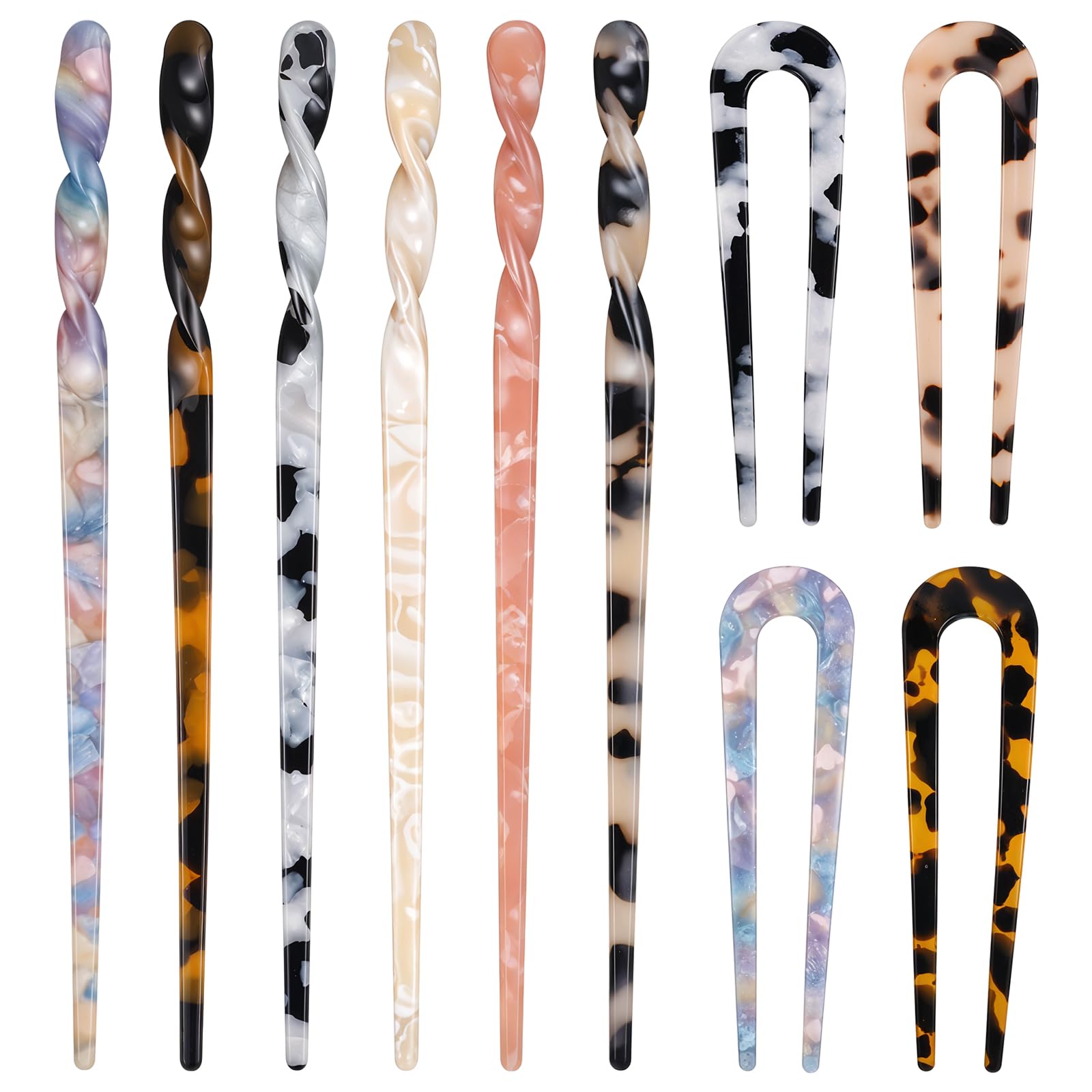 10pcs Acetate Hair Pins Sticks and Hair Fork, U-Shaped Straight Chopsticks Vintage Tortoise Shell Hairpin for Women