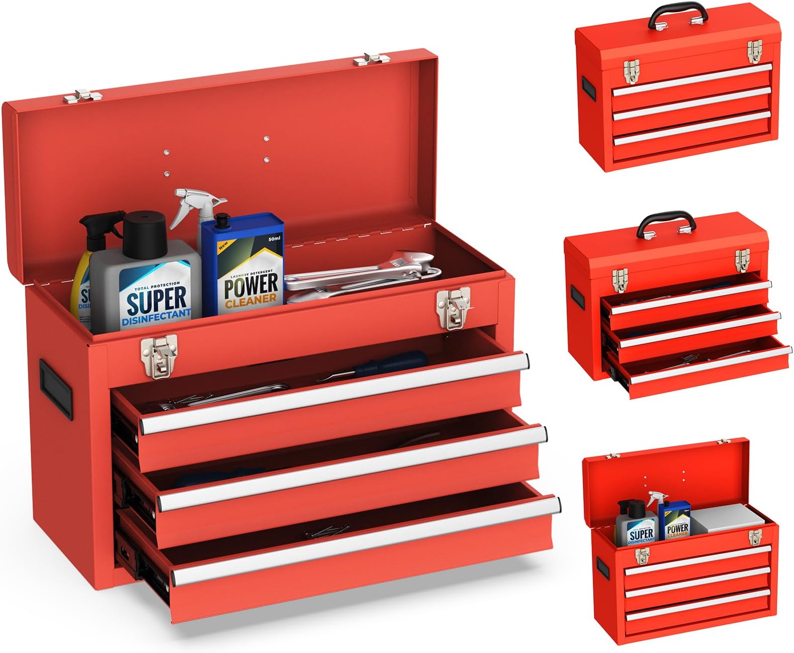 Portable Metal Tool Box, 3 Drawer Steel Tool Box with Top Storage Tray and carrying Handle, Multi-Function Tool Storage with Anti-slip Liner for Garage, Home, or Workbench, Red
