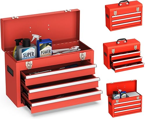 Miniatura 10 de Caja de herramientas de metal portátil, caja de herramientas de acero con 3 cajones con bandeja de almacenamiento superior y asa de transporte,