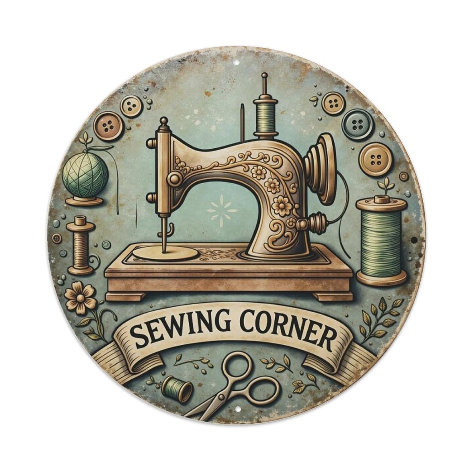 Sewing Machine Buttons Thread Scissors Metal Tin Sign