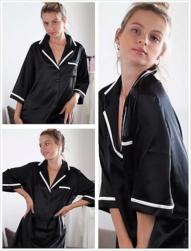 Miniatura 4 de Ekouaer Camisón de seda para mujer, camisón de satén con botones, manga 34, cuello con muesca, ropa de dormir S-XXL