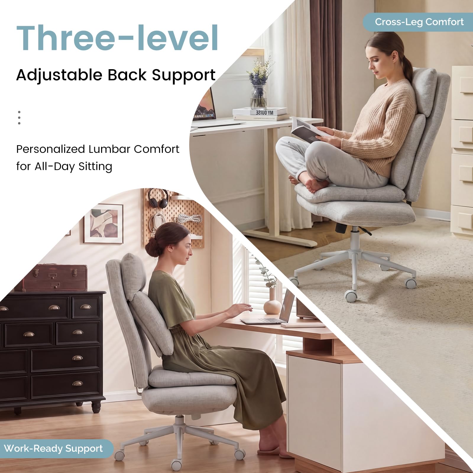 Bürostuhl mit Rollen, Ergonomischer Schreibtischstuhl mit extra breiter Sitzfläche, Verstellbare Armlehnen und Rückenlehne, Höhenverstellbarer Drehstuhl mit Wippfunktion, Homeoffice Stuhl (Grau)