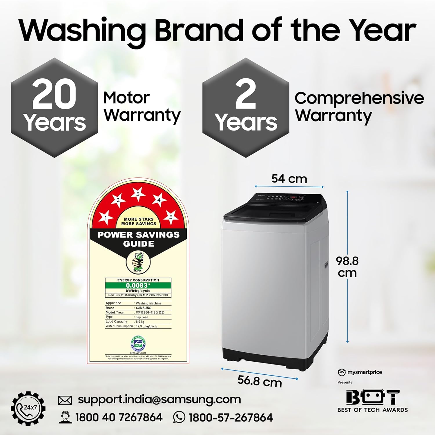 Samsung 8 kg, 5 star, Eco Bubble Tech, Digital Inverter Motor, Soft Closing Door, Fully-Automatic Top Load Washing Machine (WA80BG4441BGTL, Light Gray) - Image 4