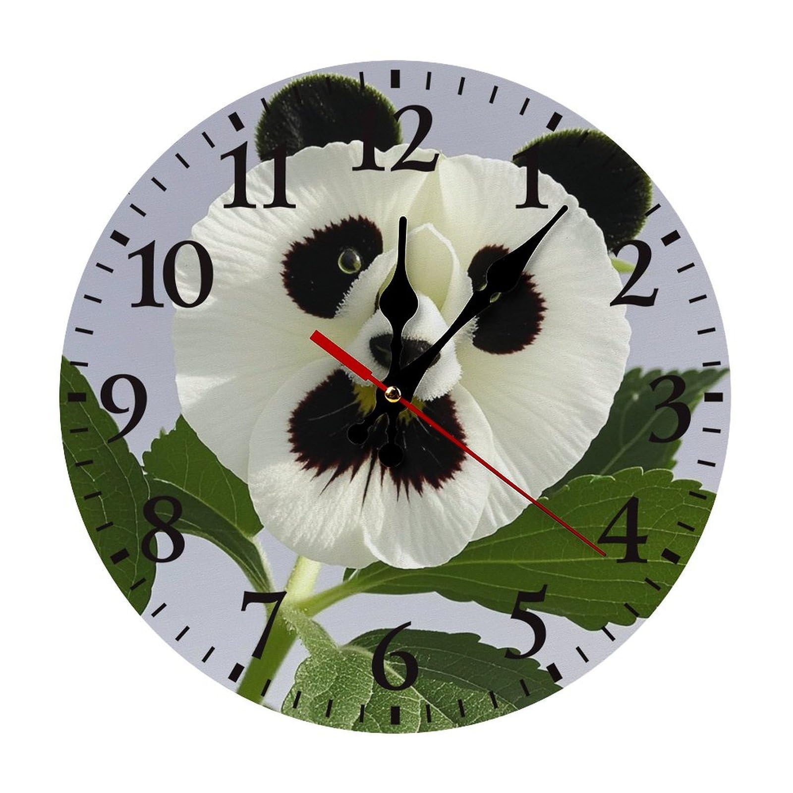 QMNLKH Panda Flower Wall Clock for Home, Battery Operated Clock for Hotel, Round Wall Clock with Arabic Numerals Black, Easy to Read, Non-Ticking Clocks for Living Room 25 * 25cm